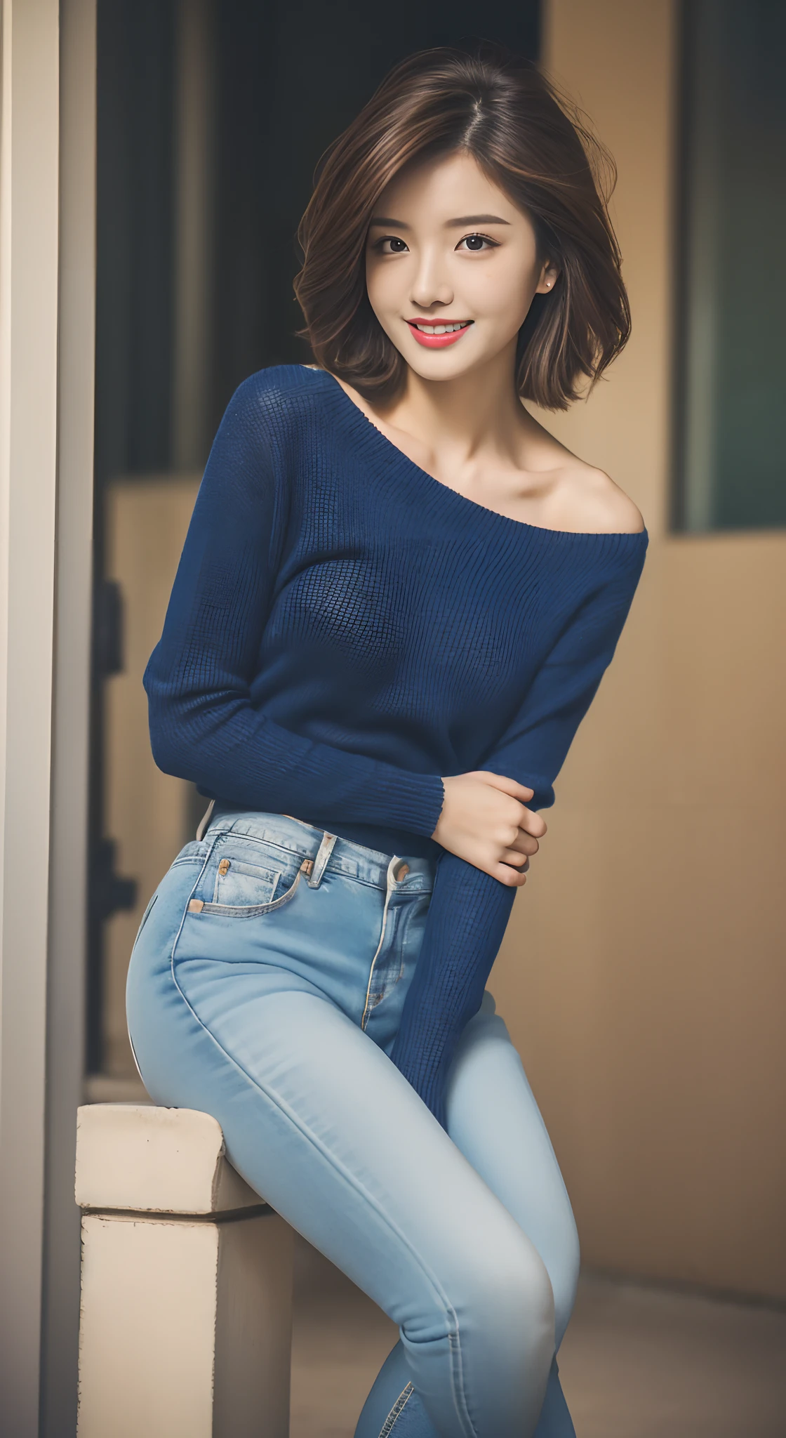 1 very beautiful woman, 25 age old, Solo, Best quality, Photorealistic, tmasterpiece, 8K high-definition, A high resolution, Extremely detailed face, (Professional lighting,Bokeh),(light particules,lens flare glow,Luminous Particle:0.6),gentlesoftlighting,Trendy atmosphere,jpn,the street,Stylish short hair,bobo head, A brown-haired, Hair is delicate and soft,Fluttering, cparted lips, lipsticks, Seductive smile, ssmile, Open-mouthed, teeth, Swan neck,Shave your shoulders, Bigchest,(Golden ratio figure),Wear a blue skinny sweater, (Wash blue)(skintight jeans),(detailed outfits:1.5), 二重まぶた,long eyelasher, birthmark, (Moles under eyes: 1), The calves are well-proportioned, slenderness:1.2,A pair of white and tender jade feet,Beautiful lotus feet:1.5,( Coquettish sex,Coquettish and beautiful pose,The posture is diverse),Female-centered focus photography,The waist is the focus,close focus,shooting full body:1.8,fully body photo:1.8