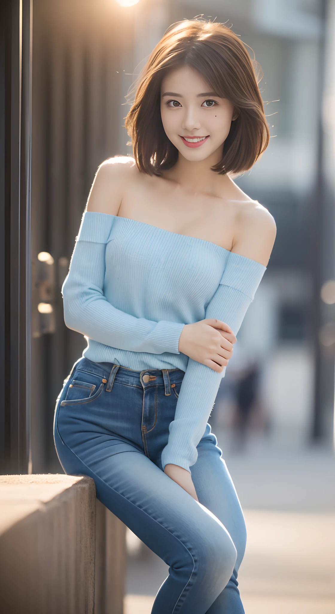 1 very beautiful woman, 25 age old, Solo, Best quality, Photorealistic, tmasterpiece, 8K high-definition， A high resolution, Extremely detailed face, (Professional lighting，Bokeh），（light particules，lens flare glow，Luminous Particle：0.6），gentlesoftlighting，Trendy atmosphere，jpn，the street，Stylish short hair，bobo head， A brown-haired, Hair is delicate and soft，Fluttering, cparted lips, lipsticks, Seductive smile, ssmile, Open-mouthed, teeth, Swan neck，Shave your shoulders, Bigchest，（Golden ratio figure），Wear a blue skinny sweater, (Wash blue）（skintight jeans),（detailed outfits:1.5）， 二重まぶた，long eyelasher, birthmark, (Moles under eyes: 1), The calves are well-proportioned, slenderness:1.2，A pair of white and tender jade feet，Beautiful lotus feet:1.5，（ Coquettish sex，Coquettish and beautiful pose，The posture is diverse），Female-centered focus photography，The waist is the focus，close focus，shooting full body:1.8,fully body photo:1.8
