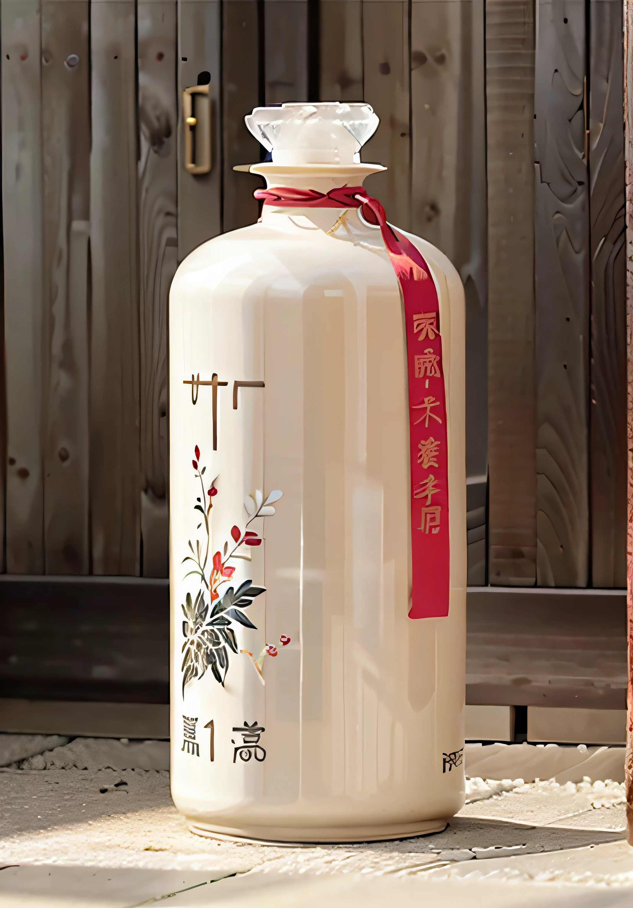There is a bottle of sake on the table，There is a red ribbon on it, Detailed picture, detailled image, daoshu, Ancient sword, Chiba Yuda, sake, hua cheng, Inspired by Cao Zhibai, author：Liao Zhichun, chi-gong, feng shu, Wang Chen, su fu