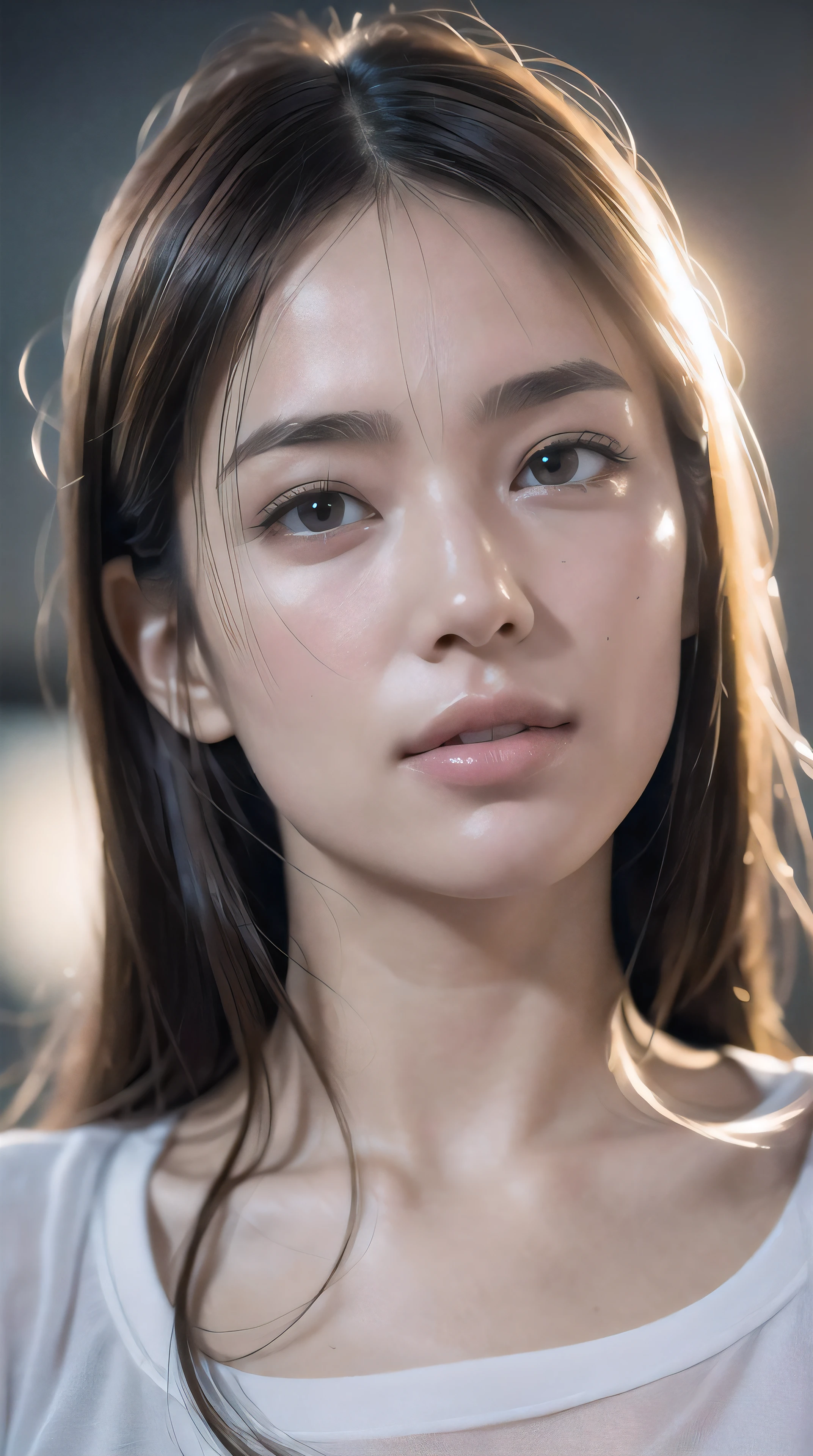 dressed, (photo realistic:1.4), (hyper realistic:1.4), (realistic:1.3),
(smoother lighting:1.05), (increase cinematic lighting quality:0.9), 32K,
1girl,20yo girl, realistic lighting, backlighting, light on face, ray trace, (brightening light:1.2), (Increase quality:1.4),
(best quality real texture skin:1.4), finely detailed eyes, finely detailed face, finely quality eyes,
(tired and sleepy and satisfied:0.0), face closeup, t-shirts,
(Increase body line mood:1.1), (Increase skin texture beauty:1.1)