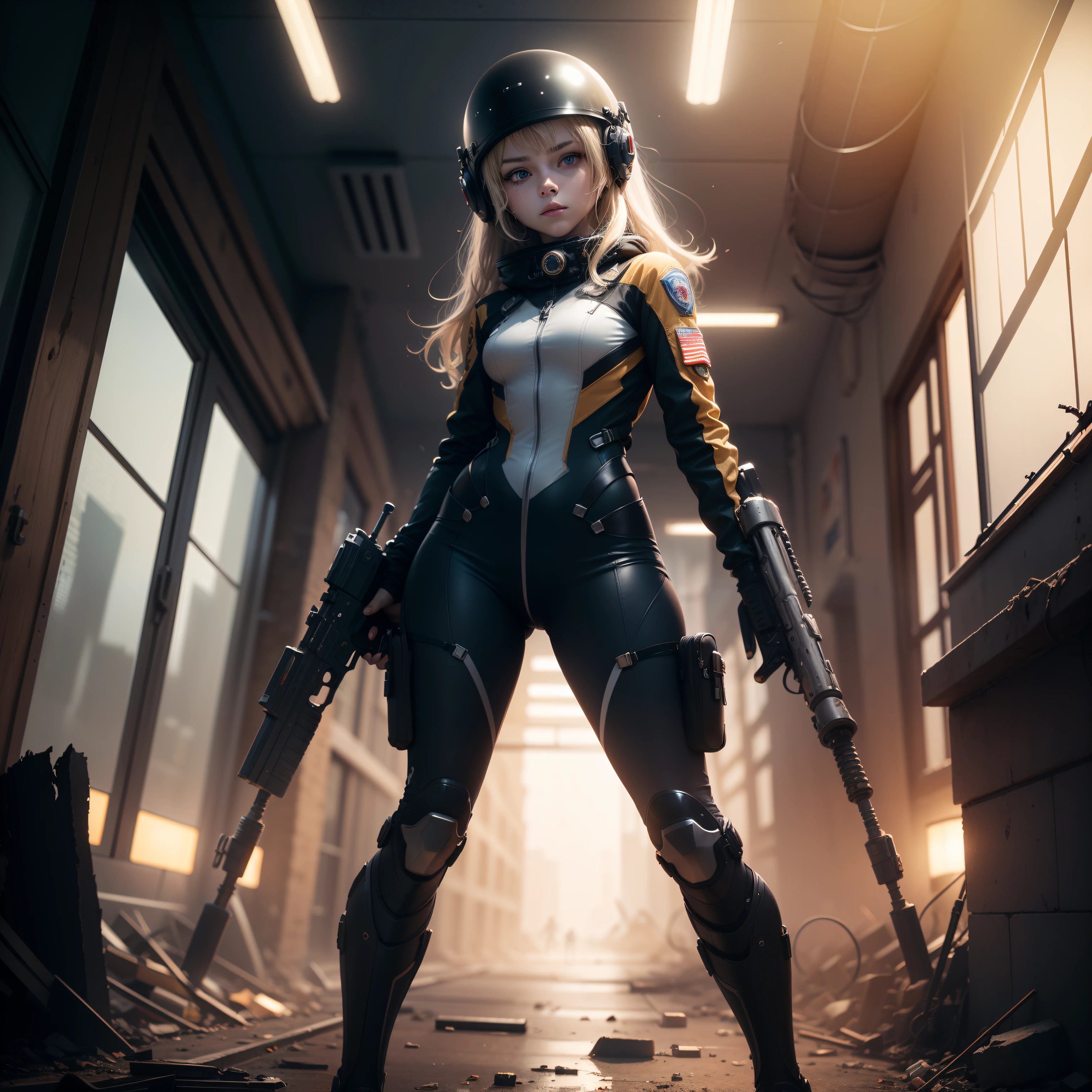 Destroyed towns,ukrainian girl , Ukrainian anime girls , , Ukraine , Full body composition of young girl with messy bright blonde hair, eye make up, 13 year old, Soft lighting, Solo, Old torn dirty shabby futuristic military uniform, badges, Pose, Blotch color, Octane Render, Hyperrealistic intricate detail, Cinematic, 8K resolution, 70mm, Accent Lighting, Global Illumination, Full body portrait, clean detailed faces, intricate clothing, Cute face, flat chest, Slim waist, Slim legs, small hips,Exoskeleton combat suit like a spacesuit,Combat helmet,Holding the Gatling gun in your hand,