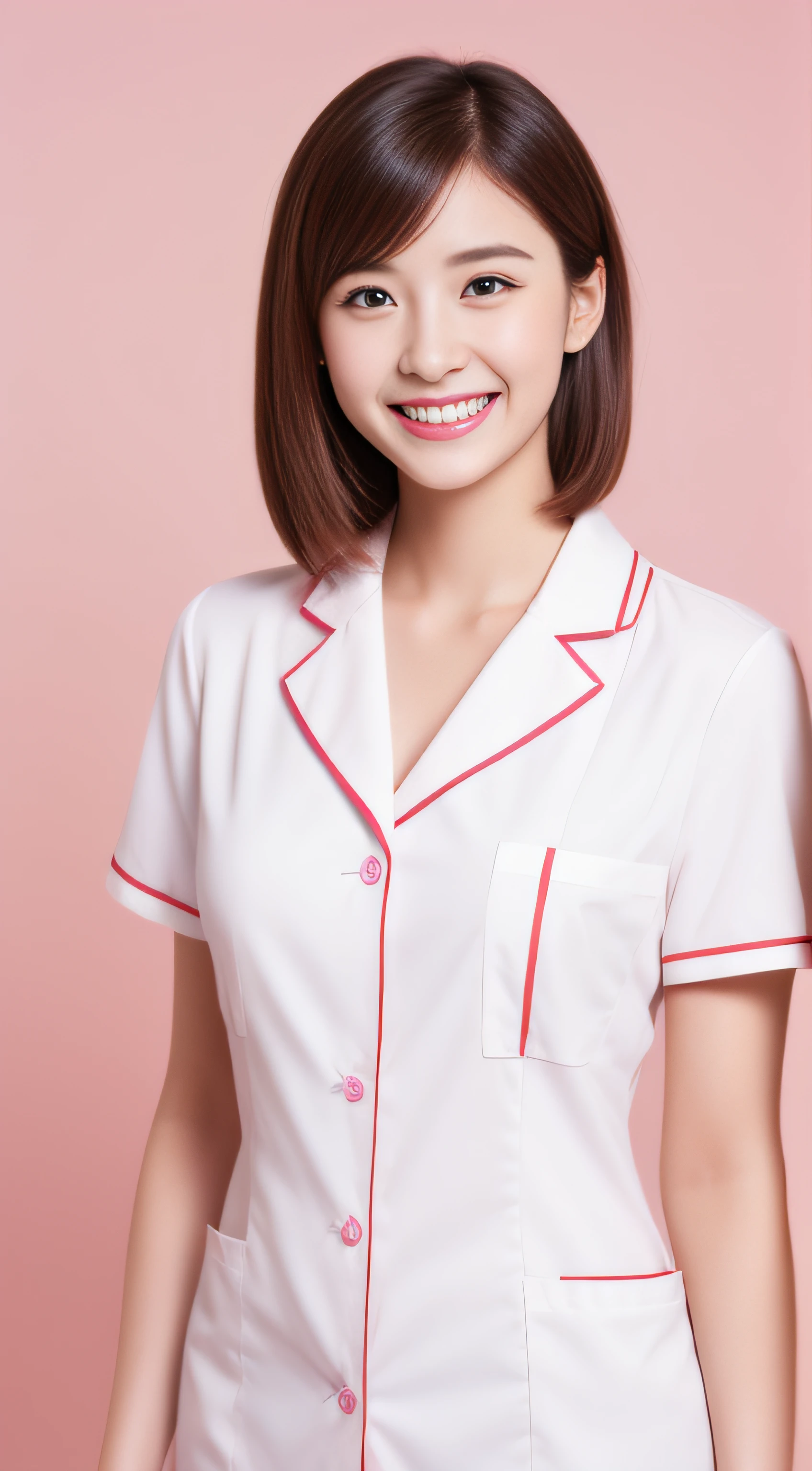 Miss Cabaret、White nurse uniform、２a person、hiquality、A hyper-realistic、healthy、Smiling expression、Slender perfect figure、Japan beauties、beautidful eyes、face perfect、Beautiful skin、Pink background
