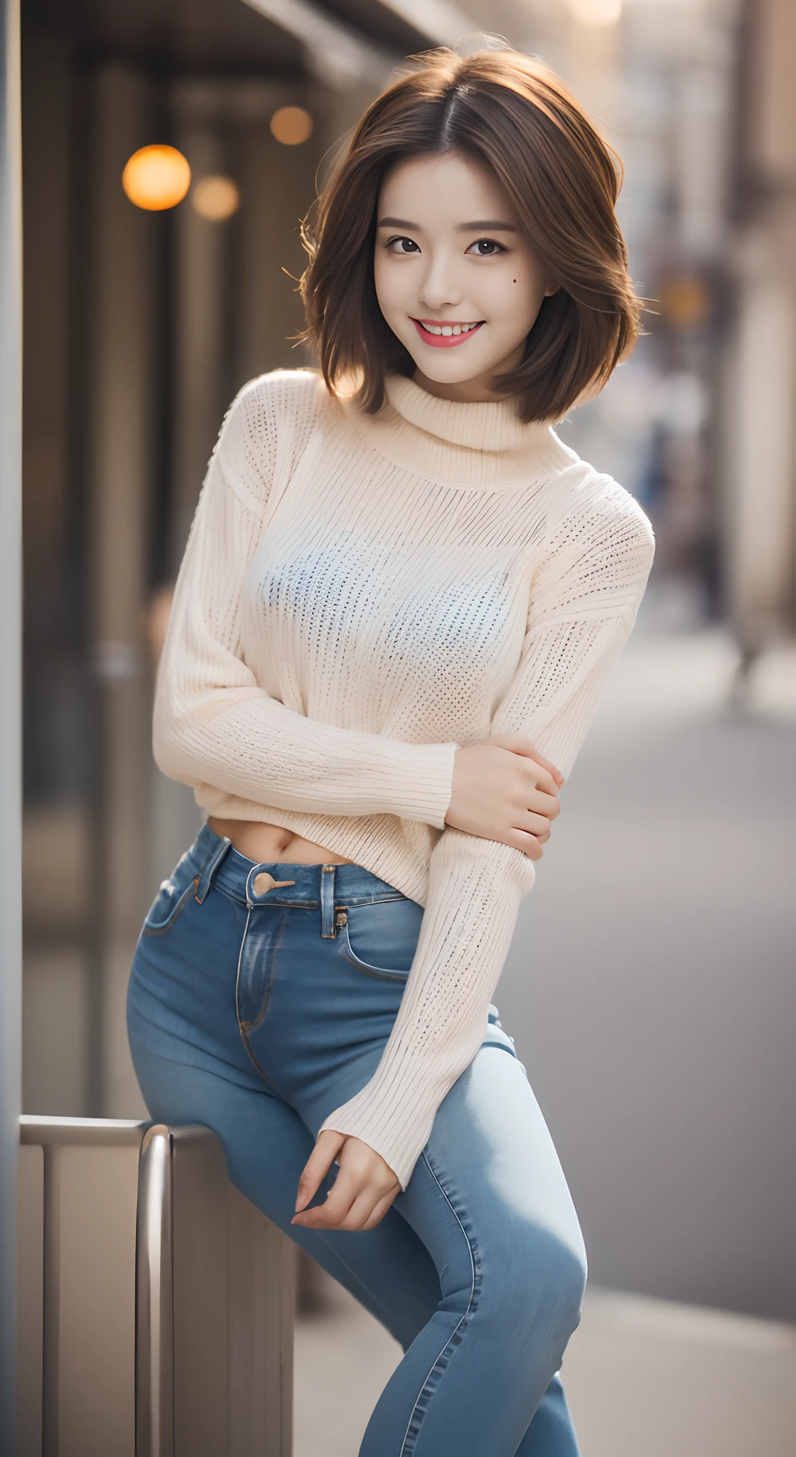 1 very beautiful woman, 25 age old, Solo, Best quality, Photorealistic, tmasterpiece, 8K high-definition， A high resolution, Extremely detailed face, (Professional lighting，Bokeh），（light particules，lens flare glow，Luminous Particle：0.6），gentlesoftlighting，Trendy atmosphere，jpn，the street，Stylish short hair，bobo head， A brown-haired, Hair is delicate and soft，Fluttering, cparted lips, lipsticks, Seductive smile, ssmile, Open-mouthed, teeth, Swan neck，Shave your shoulders, Bigchest，（Golden ratio figure），Wear a blue skinny sweater, (Wash blue）（skintight jeans),（detailed outfits:1.5）， 二重まぶた，long eyelasher, birthmark, (Moles under eyes: 1), The calves are well-proportioned, slenderness:1.2，A pair of white and tender jade feet，Beautiful lotus feet:1.5，（ Coquettish sex，Coquettish and beautiful pose，The posture is diverse），Female-centered focus photography，The waist is the focus，close focus，shooting full body:1.8,fully body photo:1.8