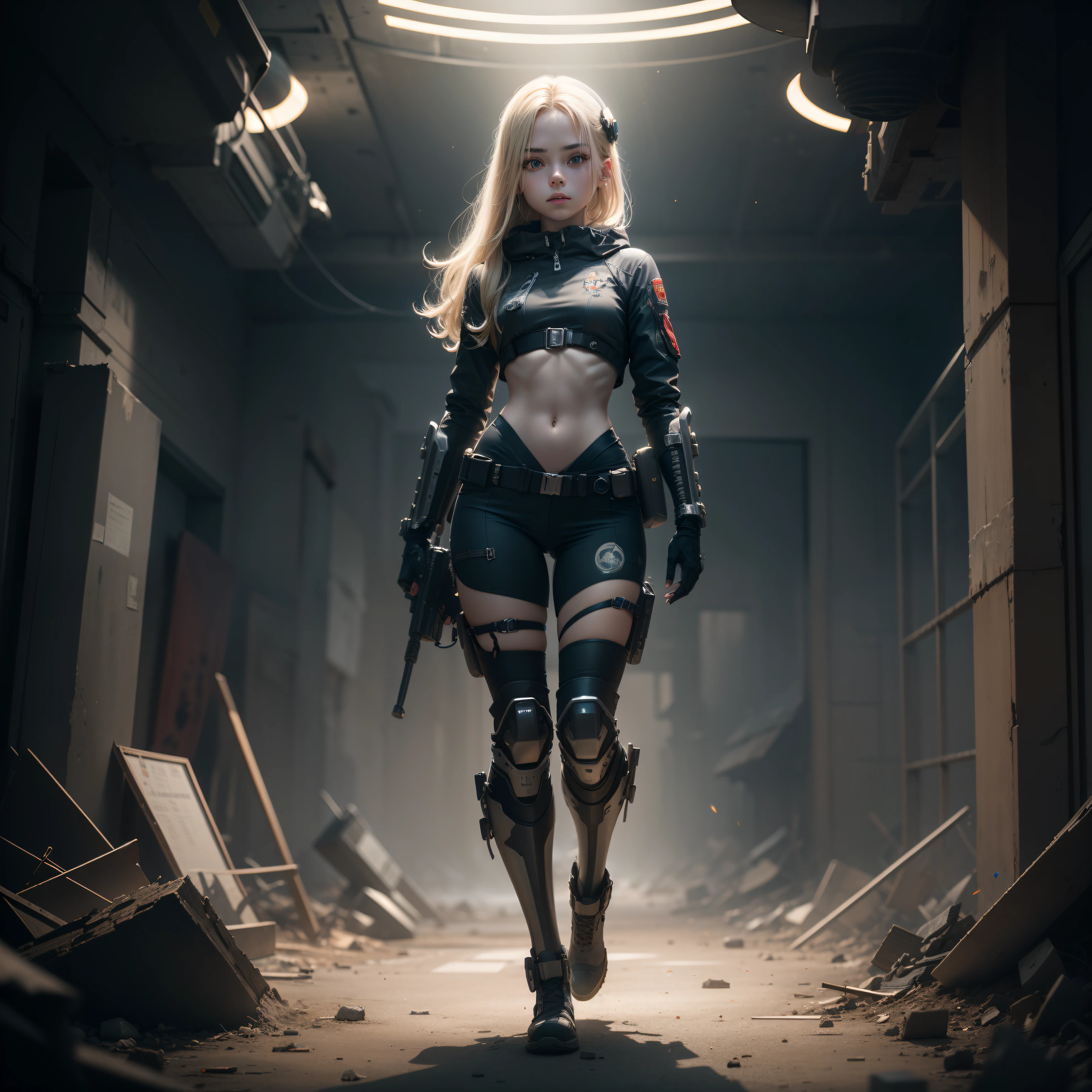 Destroyed towns,ukrainian girl , Ukrainian anime girls , , Ukraine ,  Full body composition of young girl with messy bright blonde hair, eye make up, ***********,  Soft lighting, Solo, Old torn dirty shabby futuristic military uniform, badges, Pose, Blotch color, Octane Render, Hyperrealistic intricate detail, Cinematic, 8K resolution, 70mm, Accent Lighting, Global Illumination, Full body portrait, clean detailed faces, intricate clothing, Cute face, flat chest, Slim waist, Slim legs, small hips,Exoskeleton combat suit like a spacesuit,Combat helmet,Holding the Gatling gun in your hand,