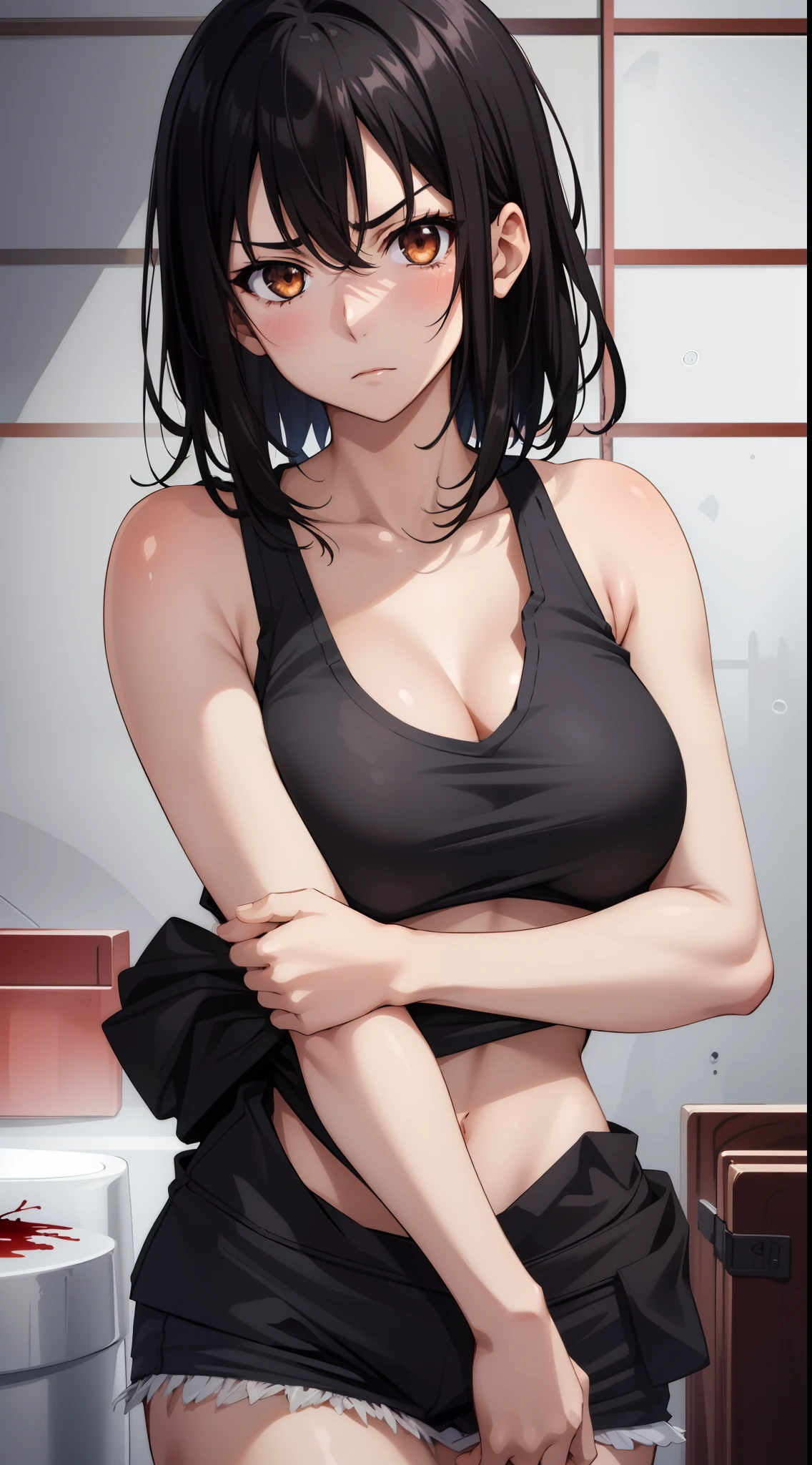 masterpiece, best quality, 1 girl, himeragi yukina, brown eyes, black hair, hair between eyes, medium hair, medium breasts, (healthy skin), ((prison, blood)),  bare shoulders, ((upper body)), (((black tank top))), ((disgust, disdain)),  sleeveless,