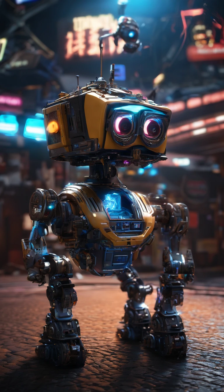 Wall-E style babysitter ，(masterpiece,extreme detailed,top quality)，Combat posture，majestic-looking，Forward stance，Stunning colors，Set in a futuristic cyberpunk style city，the street，crowd of，（Movie lighting），（light and shadow effect），（unreal-engine），（Tyndall），（cinema4d），（Super futuristic fantasy style），（8k wallpaper），（tmasterpiece），（Photography Award），realisticlying
