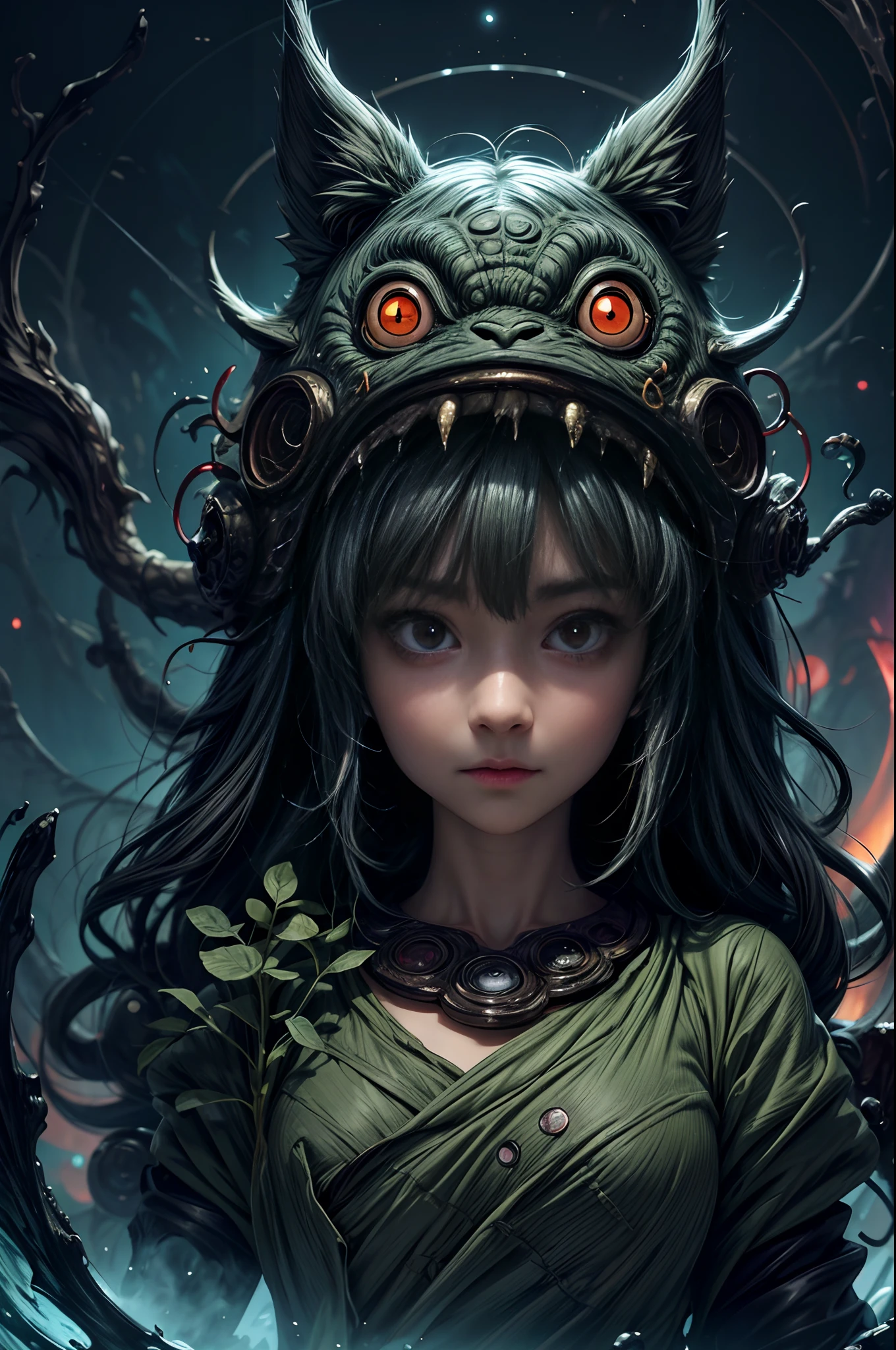 An anime art style illustration of Ghibli's Totoro as a Lovecraftian Cosmic horror, masterpiece, award winning, imaginative, disturbingly beautiful, sinister and morbid, traces of psychopathy are reflected in his eyes, 8k, HDR