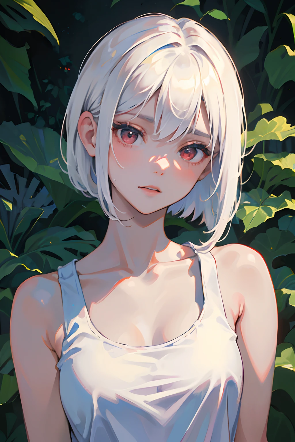 ((masterpiece, best quality)), (1girl), (solo), (female focus), (white hair, short hair, tomboy hair),red eyes,((white tank top)), portraits, hand behind body, close up, upper body, spring season background