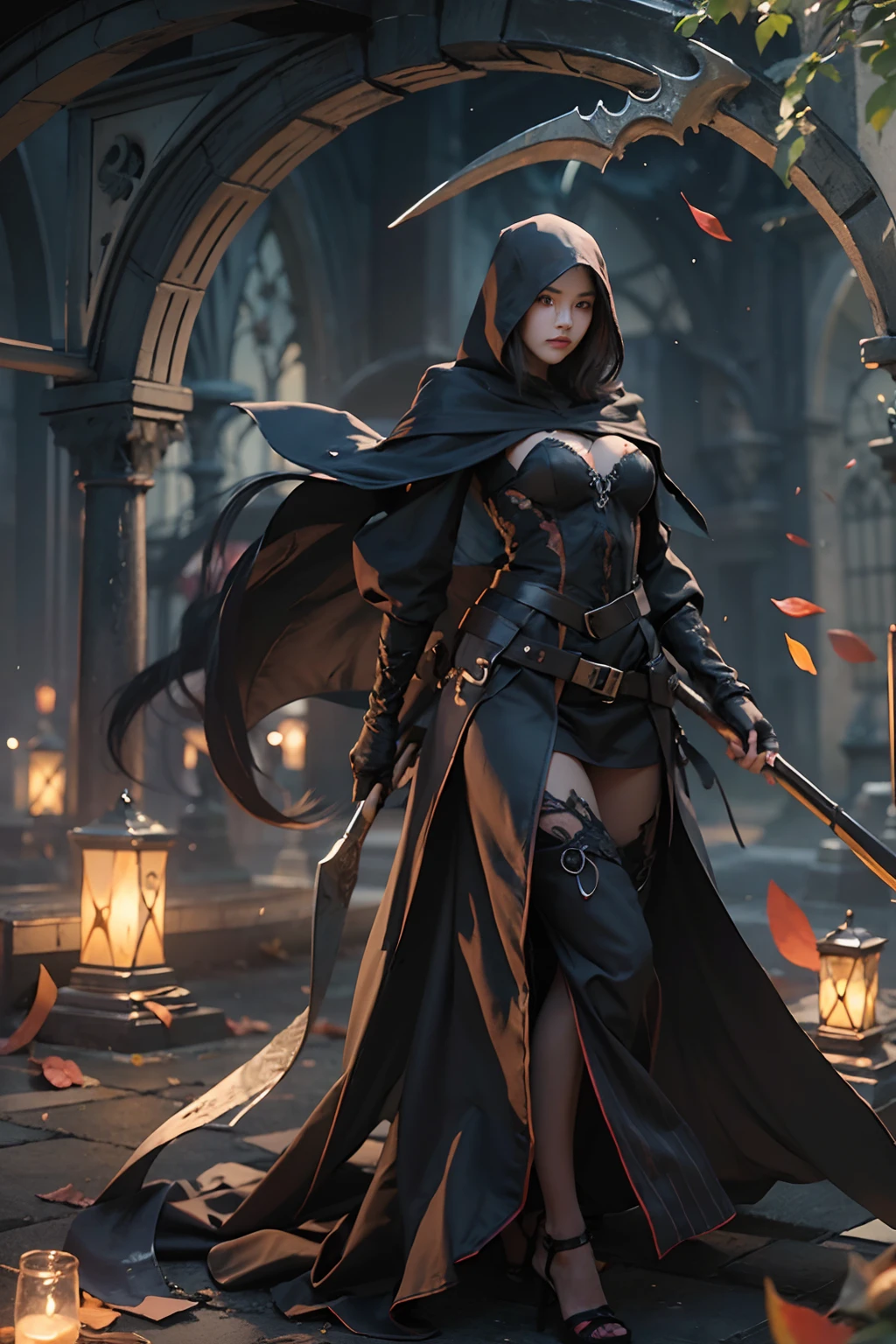 Grim Reaper and Cute Hooded Girl,The Grim Reaper emerges from the swirling shadows.Stand in the Cemetery of Forgotten Souls.(Female Grim Reaper Protecting a Girl from Behind:1.3,)Wielding a scythe,(Light brown and light orange striped hair:1.3,),Dark makeup,Beautiful breast slip、A smile that makes the viewer happy,Perfect face,Proper body proportion,masutepiece,High-quality output images,超A high resolution,Intricate details,Very delicate and beautiful hair,photographrealistic,Dreamy,Professional Lighting,realistic shadow,Beautiful hands,Beautiful fingers,Detailed finger features,detailed clothes features,Detailed hair features,detailed facial features,Style fighting games,Style RPG