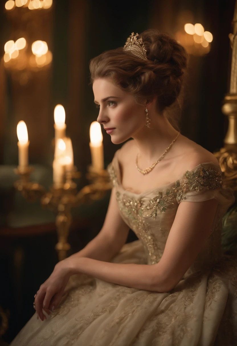 At a party in a ballroom, in a mansion in regency era London, a beautiful young victorian woman, middle-aged woman, 25 years old, wearing a victorian ball gown with bare shoulders, covering her arms with an extremely luxurious coat, white skin, updo hair, green eyes, extremely detailed light hazel eyes, detailed symmetric realistic face, extremely detailed natural skin texture, peach fuzz, messy hair, masterpiece, absurdres, nikon d850 film stock photograph, kodak portra 400 camera f1.6 lens, extremely detailed, amazing, fine detail, rich colors, hyper realistic lifelike texture, dramatic lighting, cinestill 800 tungsten, raw photo, high quality, highres, sharp focus, extremely detailed, cinematic lighting, 8k uhd