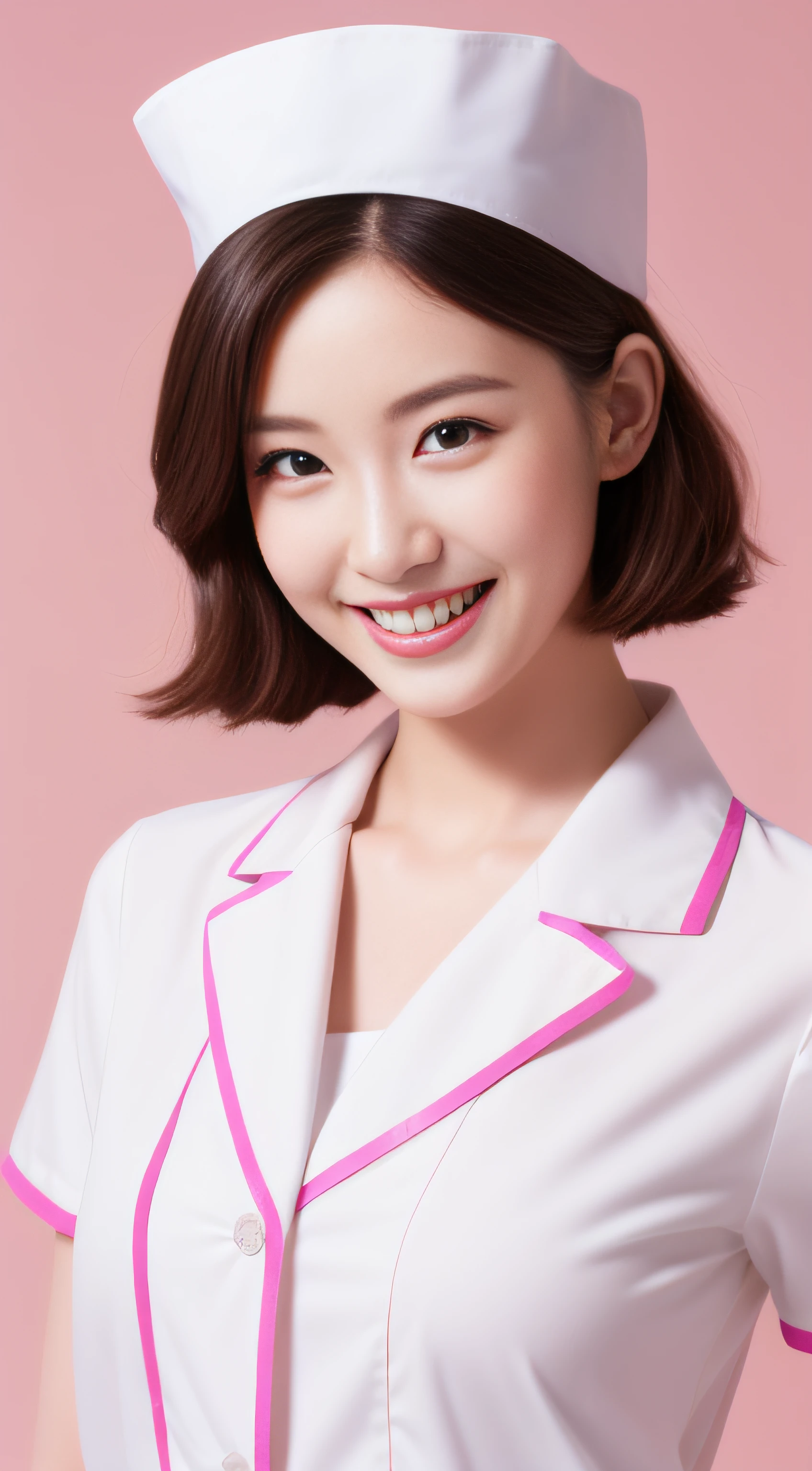 Miss Cabaret、White nurse uniform、2a person、hiquality、A hyper-realistic、healthy、Smiling expression、Slender perfect figure、Japan beauties、beautidful eyes、face perfect、Beautiful skin、Pink background