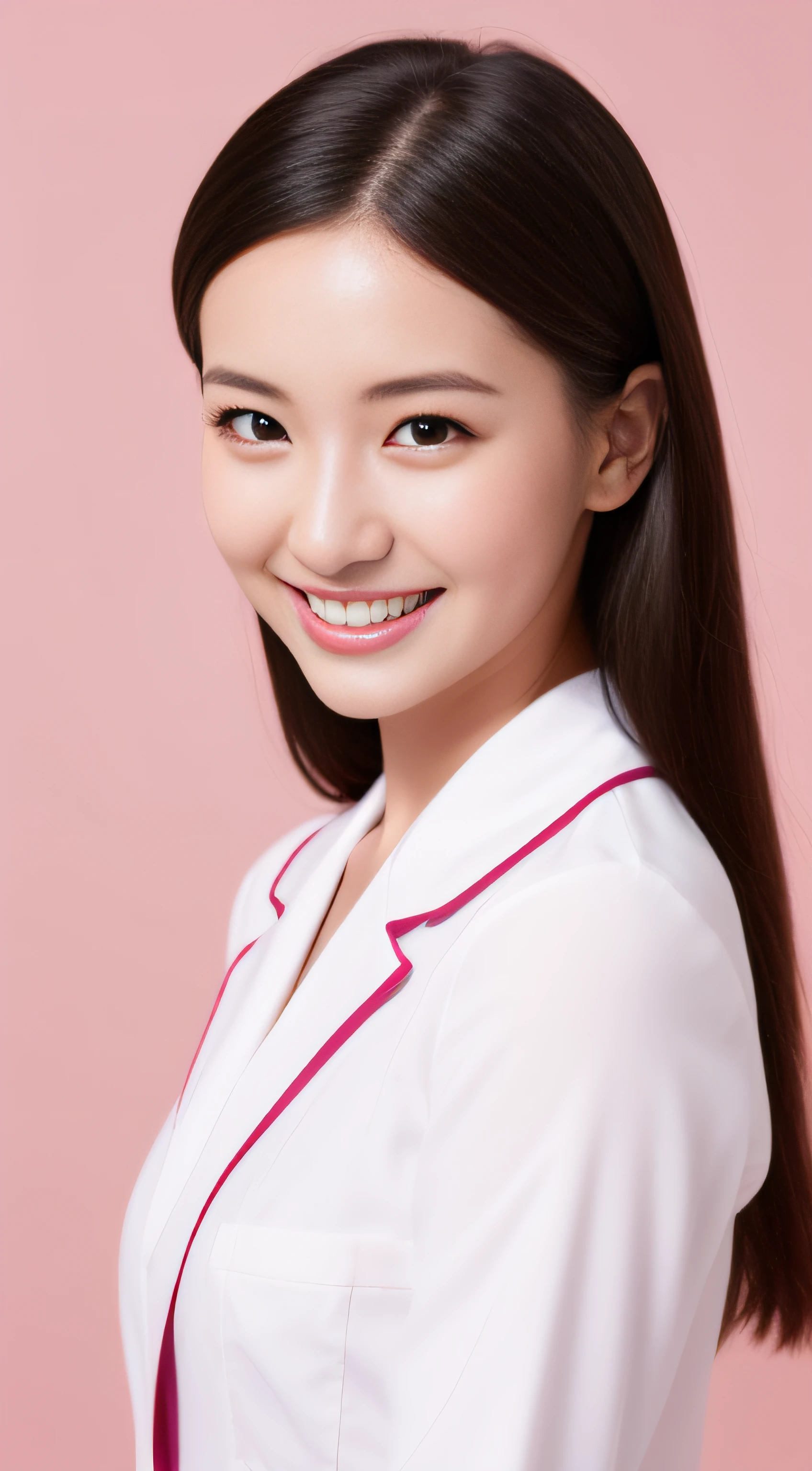 Miss Cabaret、White nurse uniform、2a person、hiquality、A hyper-realistic、healthy、Smiling expression、Slender perfect figure、Japan beauties、beautidful eyes、face perfect、Beautiful skin、Pink background