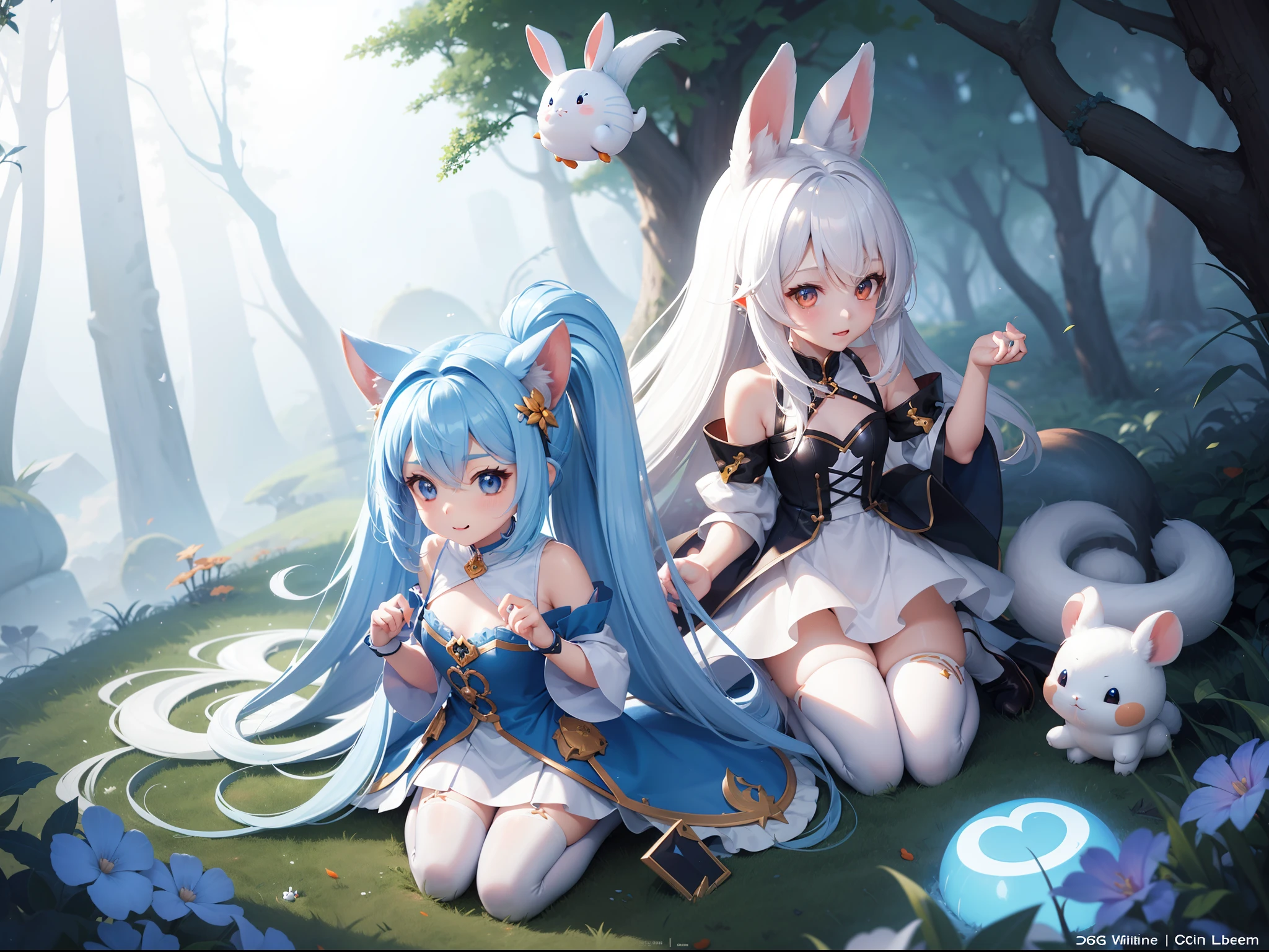 In the Halloween Forest、There is a small white rabbit with long ears,  White long ears、I'm with a pretty girl with long blue hair。It is a cute and sexy outfit in white and blue and yellow。White panty　Dark eyes。cute forest creature, Cute mushrooms also grow、Everyone is celebrating Halloween　Adorable Digital Painting, cute detailed digital art, the squirrel king, Cute digital art, cute cartoon characters, cute character, CuteCreatures, Cutie, official illustrations, Official art, squirrel, maplestory mouse, astri lohne,  cute 3d render