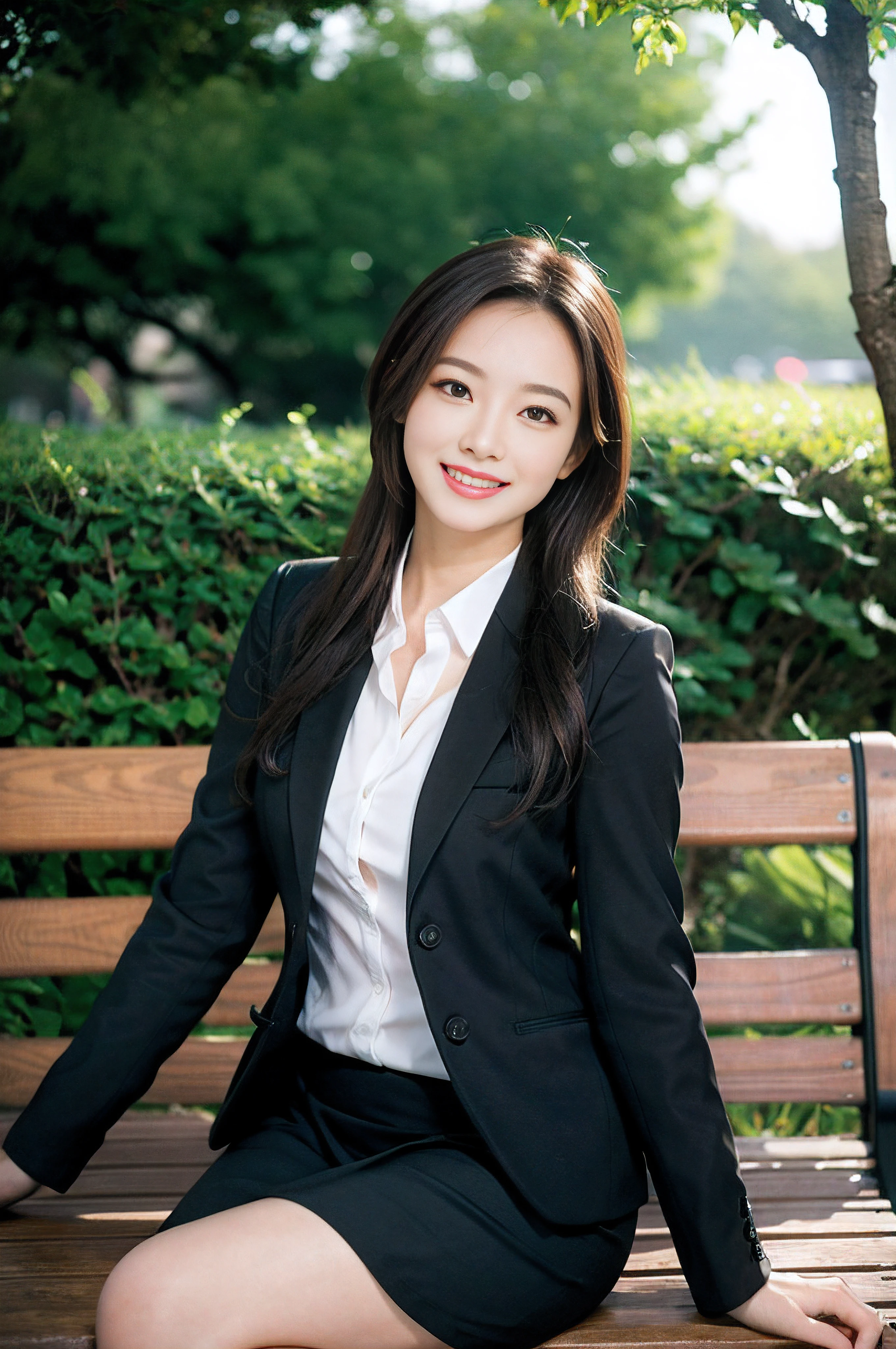 a park、Sitting on a bench、Beautiful woman　、　business sui、Black jacket、White button shirt、tight skirts、a picture、A detailed face、Detailed lips、A detailed eye、a smile