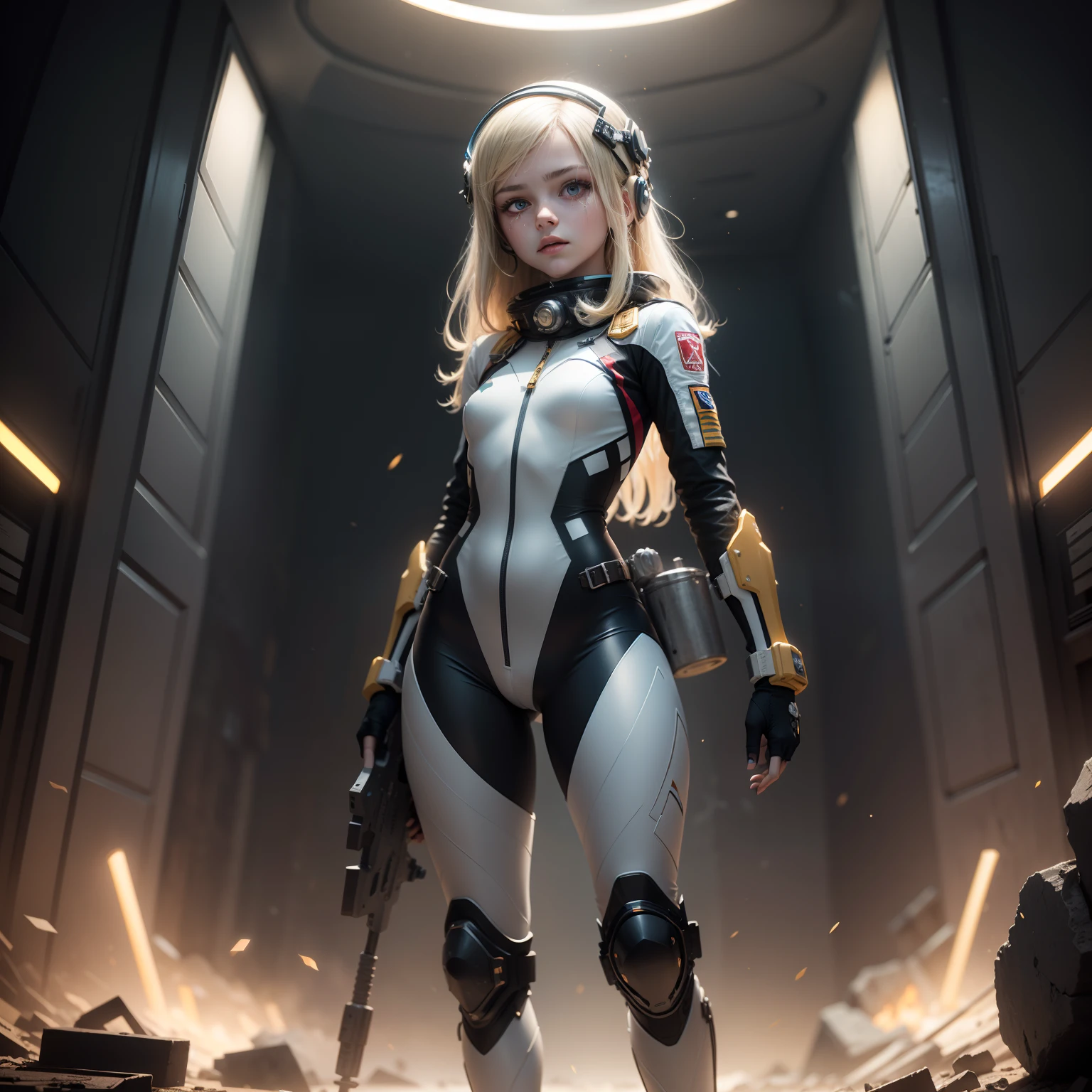 Destroyed towns,ukrainian girl , Ukrainian anime girls , , Ukraine ,  Full body composition of young girl with messy bright blonde hair, eye make up, ,  Soft lighting, Solo, Old torn dirty shabby futuristic military uniform, badges, Pose, Blotch color, Octane Render, Hyperrealistic intricate detail, Cinematic, 8K resolution, 70mm, Accent Lighting, Global Illumination, Full body portrait, clean detailed faces, intricate clothing, Cute face, flat chest, Slim waist, Slim legs, small hips,Exoskeleton combat suit like a spacesuit,Combat helmet,Holding the Gatling gun in your hand,