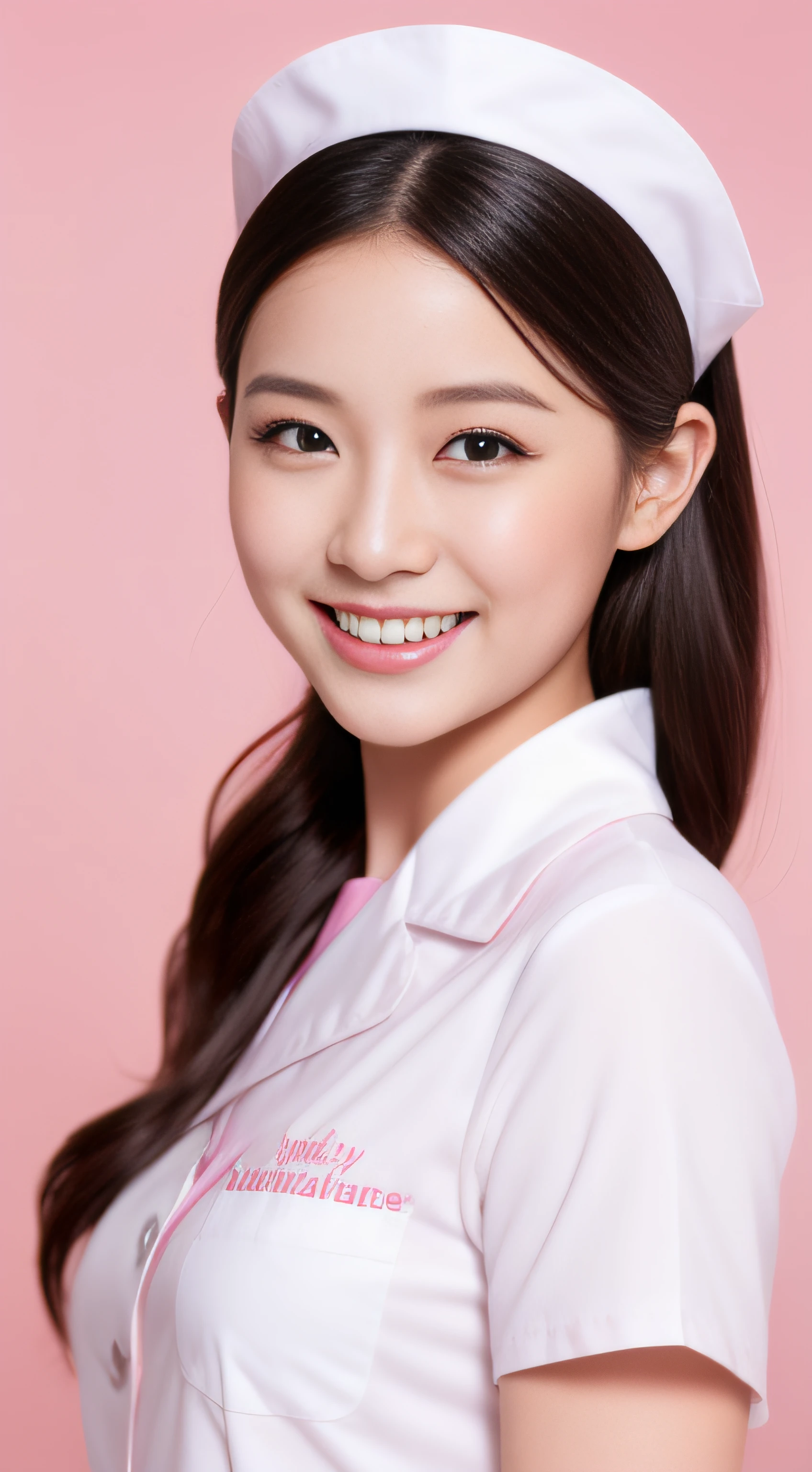 Miss Cabaret、White nurse uniform、２a person、hiquality、A hyper-realistic、healthy、Smiling expression、Slender perfect figure、Japan beauties、beautidful eyes、face perfect、Beautiful skin、Pink background