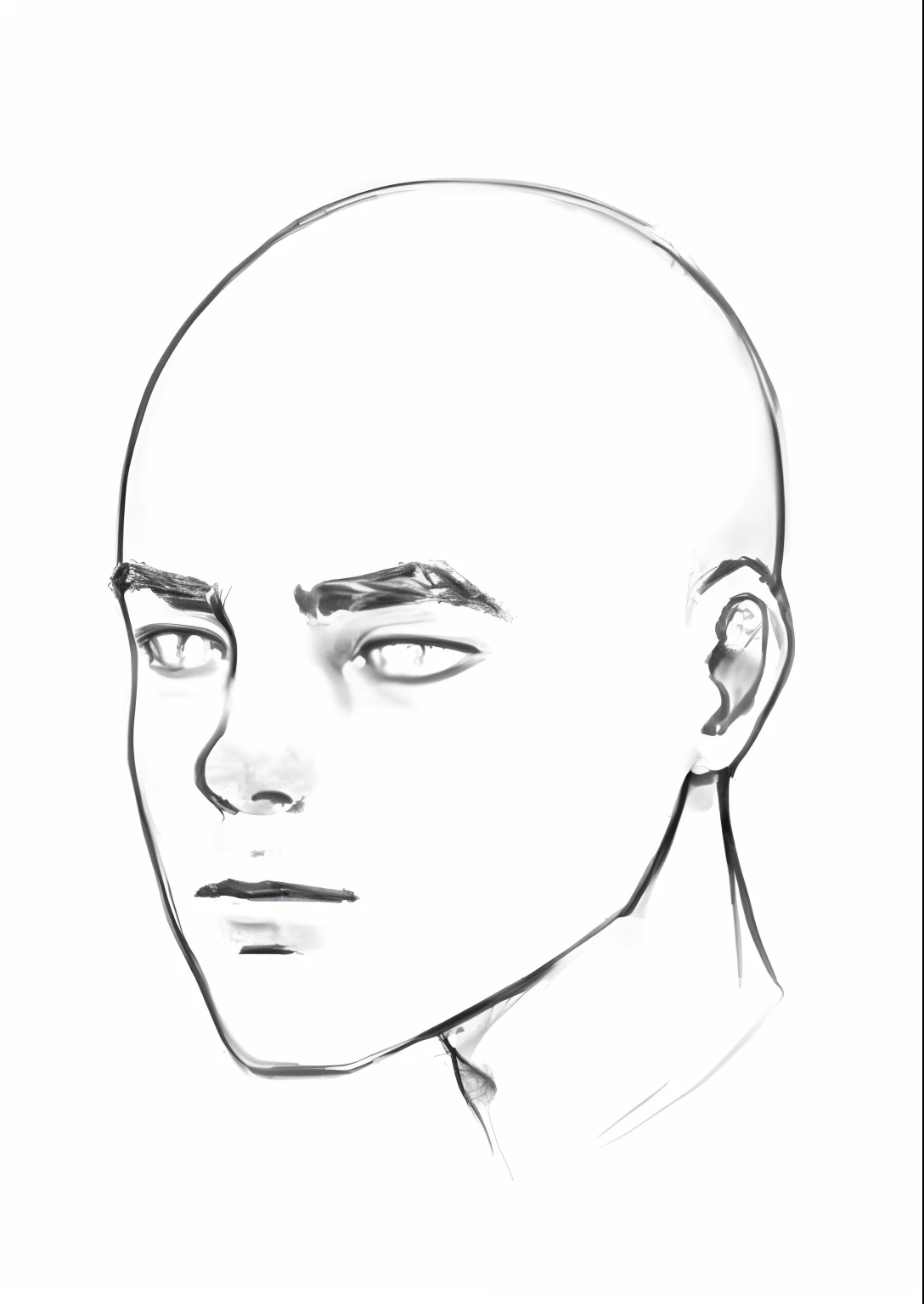 Create an image with a completely white background and a simplified silhouette of a young man's head in 3/4 position, very short hair, make sure that the silhouette is a contour drawing without color filling and that the inside of the silhouette also be empty blank