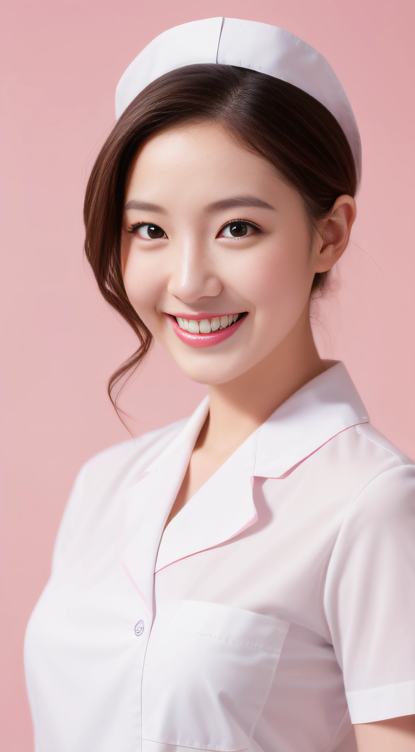 Miss Cabaret、White nurse uniform、2a person、hiquality、A hyper-realistic、healthy、Smiling expression、Slender perfect figure、Japan beauties、beautidful eyes、face perfect、Beautiful skin、Pink background