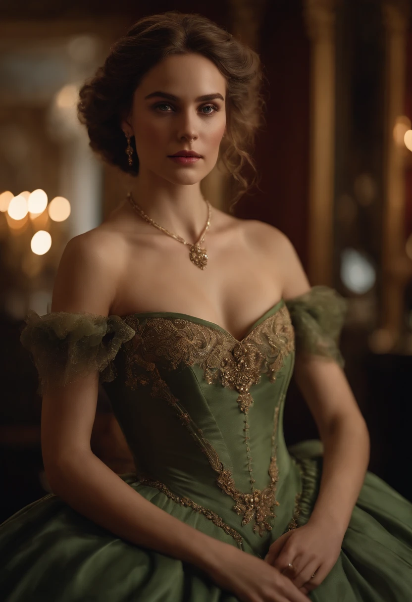 At a party in a ballroom, in a mansion in a large metropolis in the United States, a beautiful sexy victorian woman, wearing a stunning victorian ball gown with bare shoulders, 20 years old, white skin, brown hair, green eyes, extremely detailed light hazel eyes, detailed symmetric realistic face, extremely detailed natural skin texture, peach fuzz, messy hair, masterpiece, absurdres, nikon d850 film stock photograph, kodak portra 400 camera f1.6 lens, extremely detailed, amazing, fine detail, rich colors, hyper realistic lifelike texture, dramatic lighting, cinestill 800 tungsten, raw photo, high quality, highres, sharp focus, extremely detailed, cinematic lighting, 8k uhd