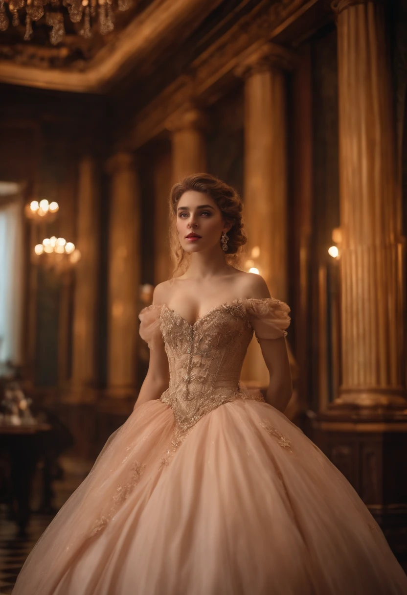 At a party in a ballroom, in a mansion in a large metropolis in the United States, a beautiful sexy victorian woman, wearing a stunning victorian ball gown with bare shoulders, 20 years old, white skin, brown hair, green eyes, extremely detailed light hazel eyes, detailed symmetric realistic face, extremely detailed natural skin texture, peach fuzz, messy hair, masterpiece, absurdres, nikon d850 film stock photograph, kodak portra 400 camera f1.6 lens, extremely detailed, amazing, fine detail, rich colors, hyper realistic lifelike texture, dramatic lighting, cinestill 800 tungsten, raw photo, high quality, highres, sharp focus, extremely detailed, cinematic lighting, 8k uhd