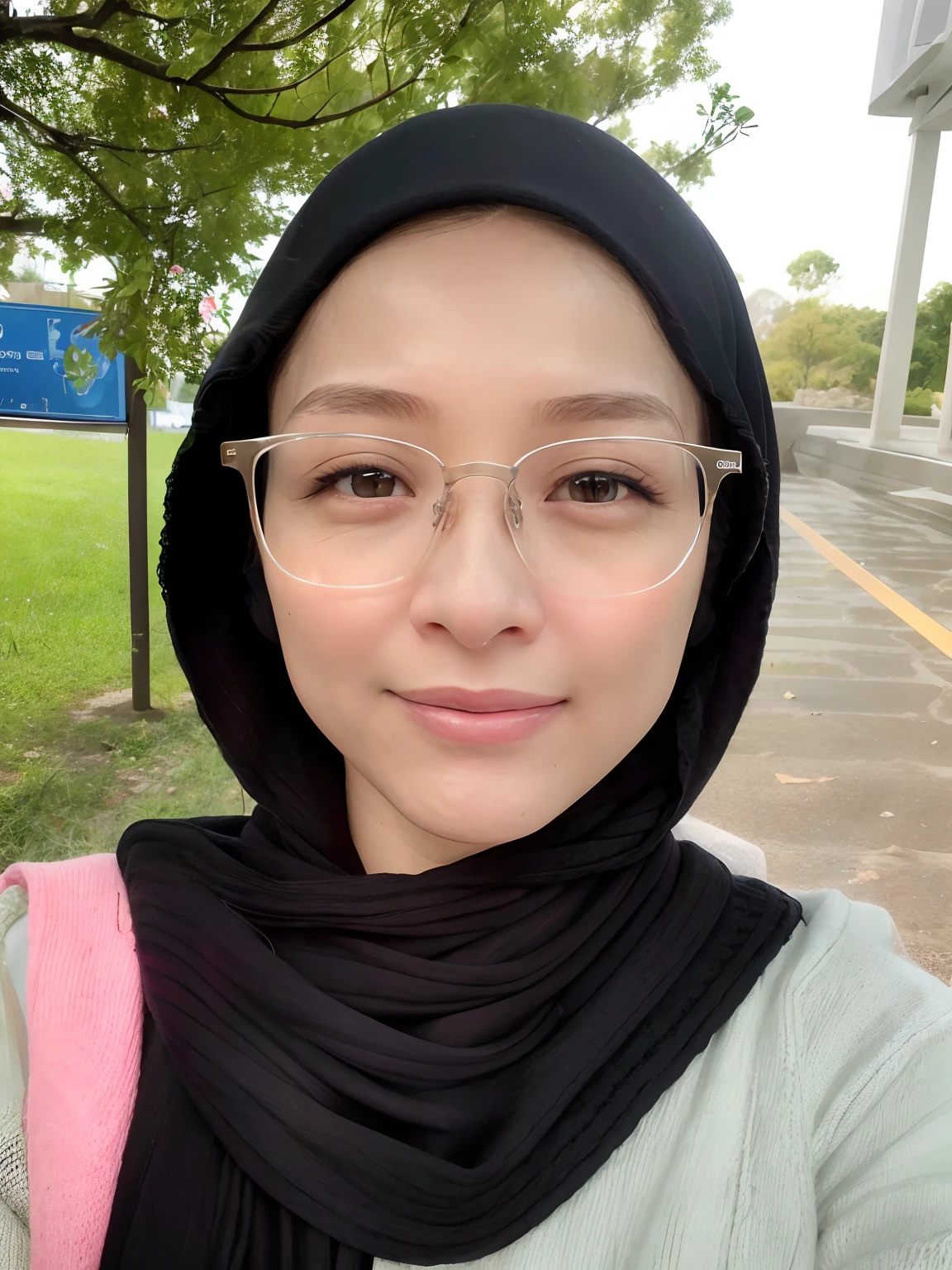 arafed woman wearing glasses and a scarf standing in a park, 8k selfie photograph, with glasses, wearing thin large round glasses, with square glasses, 2 , 2 8 years oldquare glasses, spectacled, 2 9 years old, wearing sglasses, selfie of a young woman, wearing round glasses, headshot profile picture, studenta photo portrait of a beautiful malay girl with hijab and few freckles, (plain pastel pink hijab), (medium shot portrait:1.3), dramatic light , Rembrandt lighting scheme, (hyperrealism:1.2), (8K UHD:1.2), (photorealistic:1.2), shot with Canon EOS 5D Mark IV, detailed face, detailed skin texture