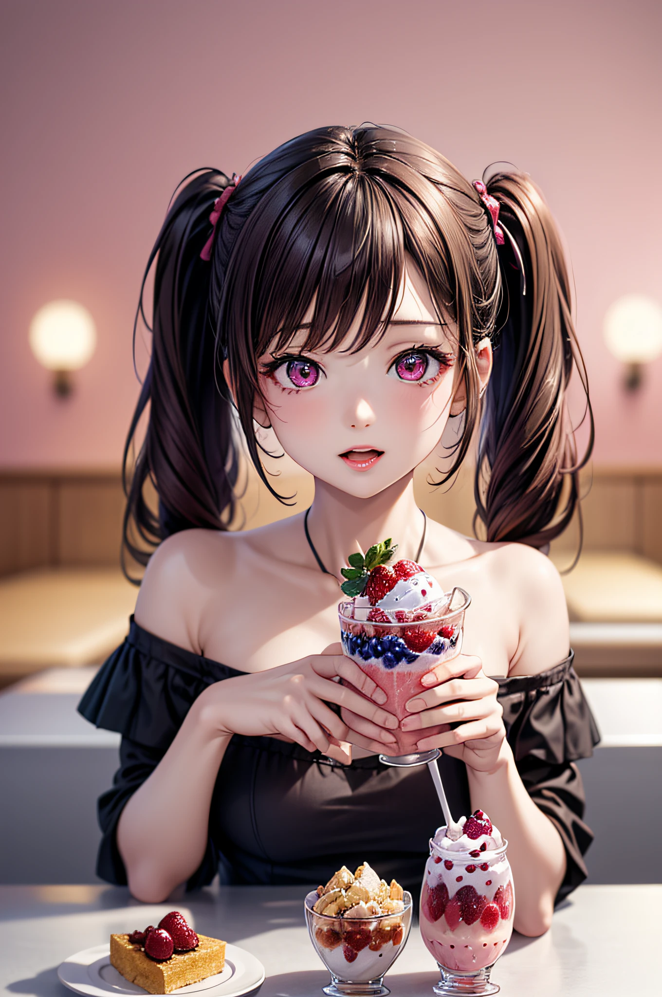 ((1girl in)), ((Best Quality)), (Ultra-detailed), (extremely detailed CG unified 8k wallpaper), Highly detailed, High-definition raw color photos, Professional Photography, (Twintails), Brown hair, Amazing face and eyes, Pink eyes, (amazingly beautiful girl), off shoulder, pink background, ((stylish cafe)), ((fruit parfait)),