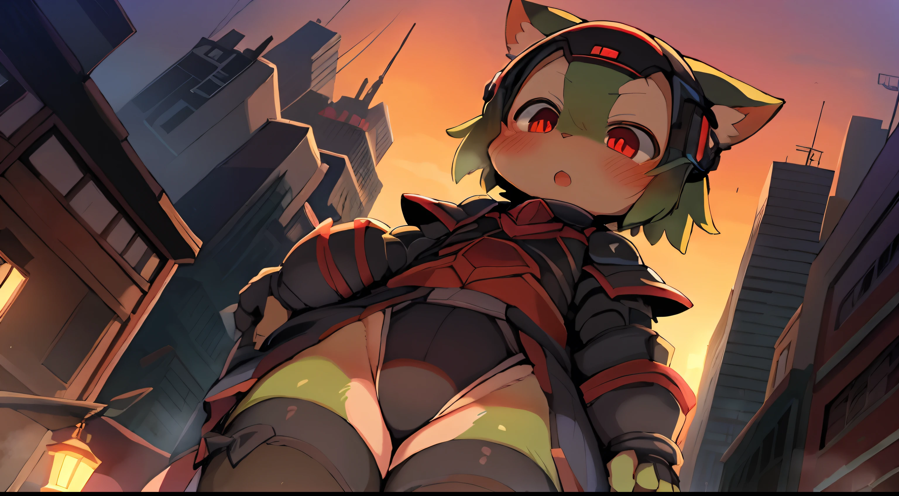 Ultra detail, high resolution, Ultra detailed, Best quality, Amazing, Top quality, Extremely detailed Cg Unity 8K wallpaper, Cinematic lighting, cyber punk perssonage, City view, down town, Look down from the skyscraper, Heavy traffic, Dense buildings, Male cat orc, furry, , A blush on the cute face, Exoskeleton armor, Green fur, Rose-red pupils, Black stockings, Light transmission, Cinematic quality, artist:Ro, artist:Rikose, artist:dagasi, artist:endou okito, artist:mabo. artist:manmosu marimo