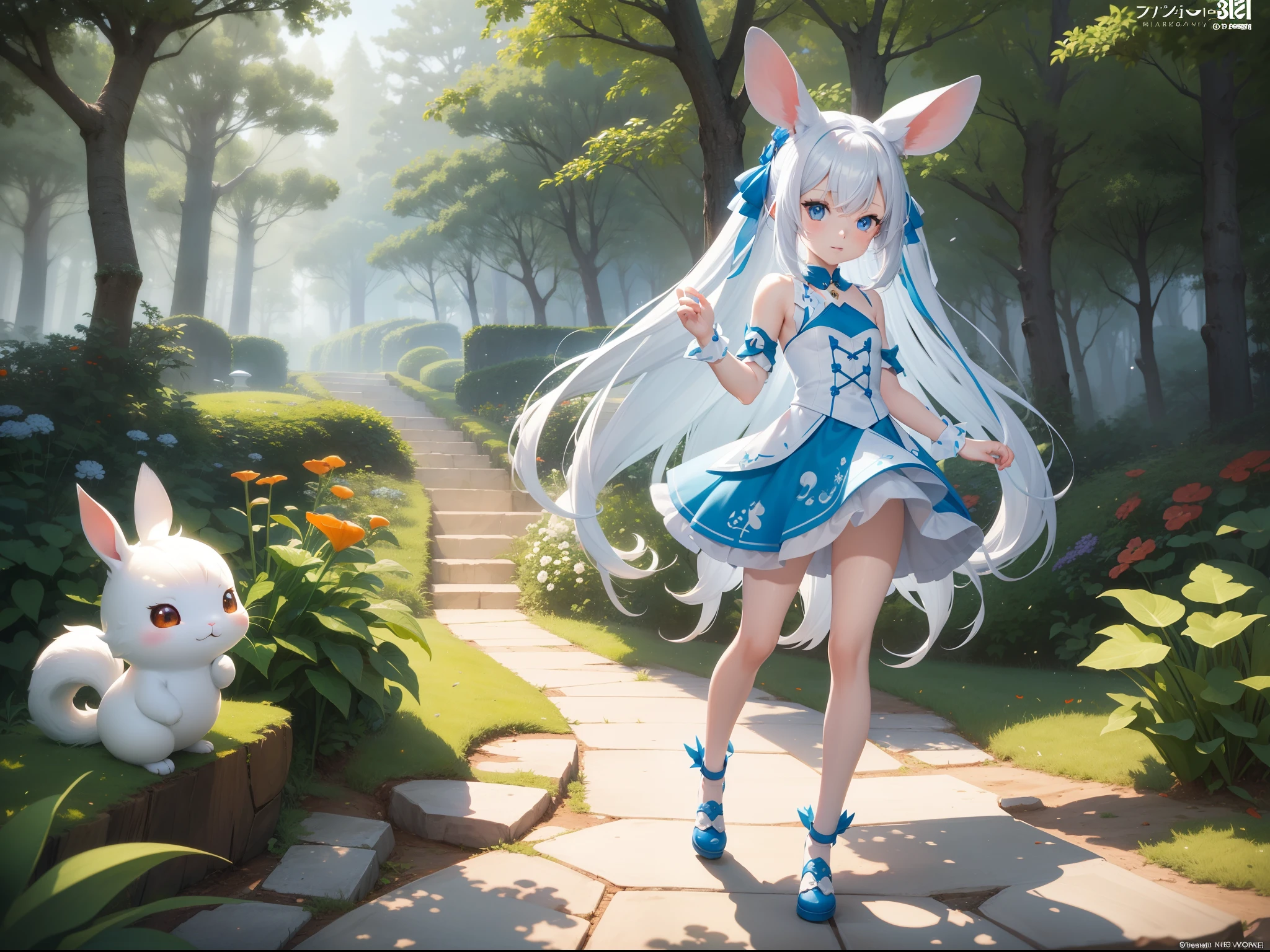 There are small white rabbits with carrots and long ears, White long ears、I'm with a girl with long blue hair and a chibi character。It is a cute costume in white and blue。Dark eyes。cute forest creature, Cute mushrooms also grow、Adorable Digital Painting, cute detailed digital art, the squirrel king, Cute digital art, cute cartoon characters, cute character, CuteCreatures, Cutie, official illustrations, Official art, squirrel, maplestory mouse, astri lohne, cute 3d render