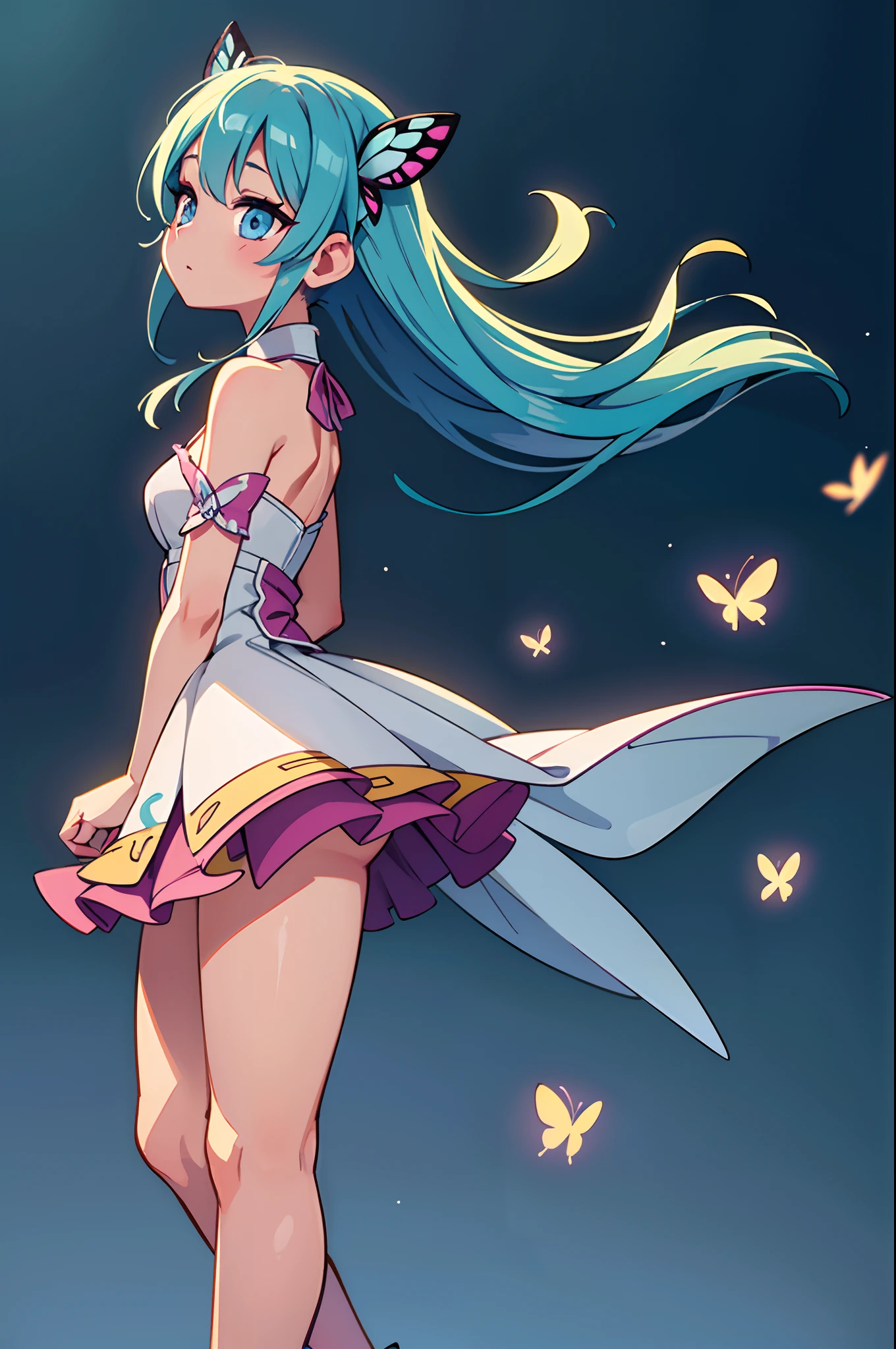 Octane Render、nffsw、(Hyper-detailing: 1.15)、(Soft light、sharp: 1.2)、songstress、full body Esbian、ultradetailed eyes、Full Paint、Splash、(Floral hair ornament、butterfly hair ornament)、 masutepiece、Anatomically correct、Sing as if floating in the light