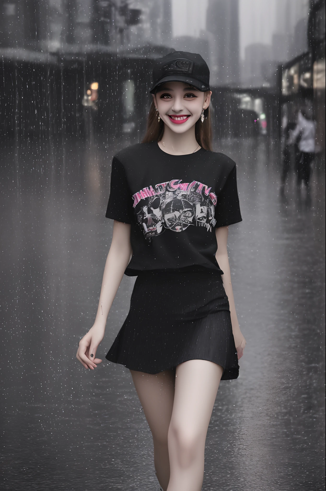 ultra resolution, (photorealistic:1.3), (1 skinny girl), elegant girl, fashion, young face, blush, (evil smile), thigh (thin), cap, earrings, (black t-shirt), (skirt), Engraving rainy city street