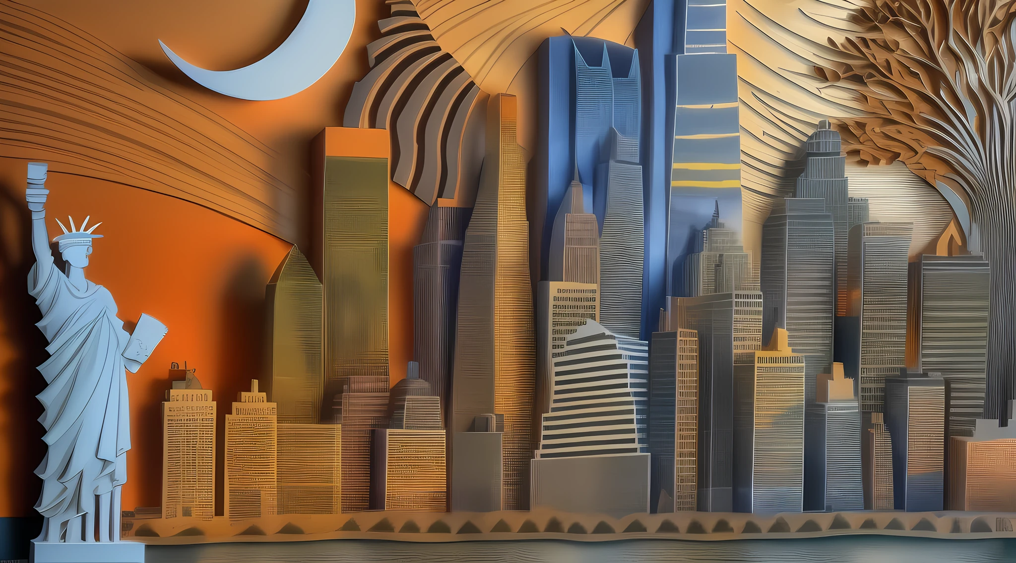 a colorful scenic (paper cut art: 1.5) of Manhattan skyline at dawn, a masterpiece award winning (paper cut art picture: 1.5), Manhattan skyline sky scrappers, Hudson river, at dawn, best details, best quality, 16K, [ultra detailed], masterpiece, best quality, (ultra detailed), full body, ultra wide shot, photorealistic,