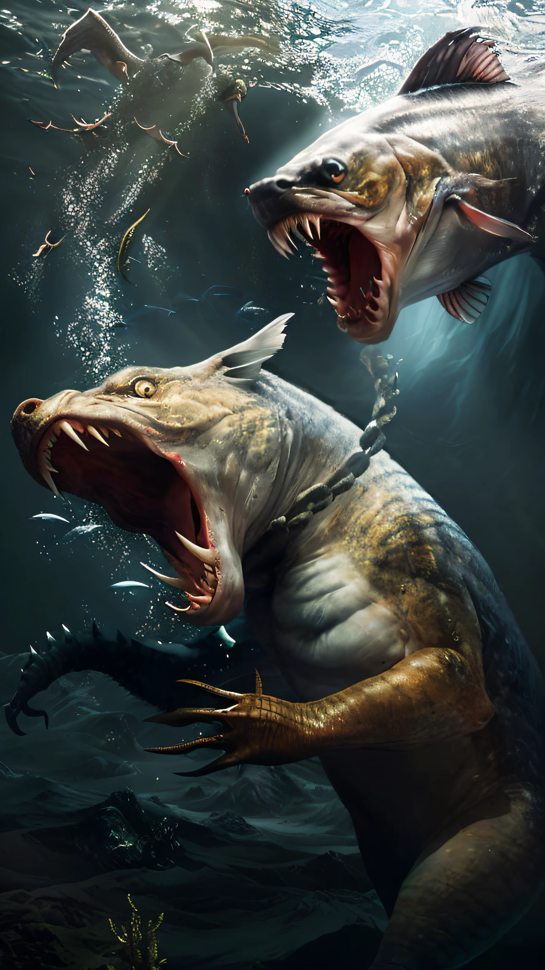 Fish chasing monsters,with her mouth open, underwater sea monster, scary sea monster, aquatic creature, author:Adam Maczynski, Realistic creature concept, deep sea monster, deep sea creatures, sea monster, photorealestic,Realiy,movie picture quality