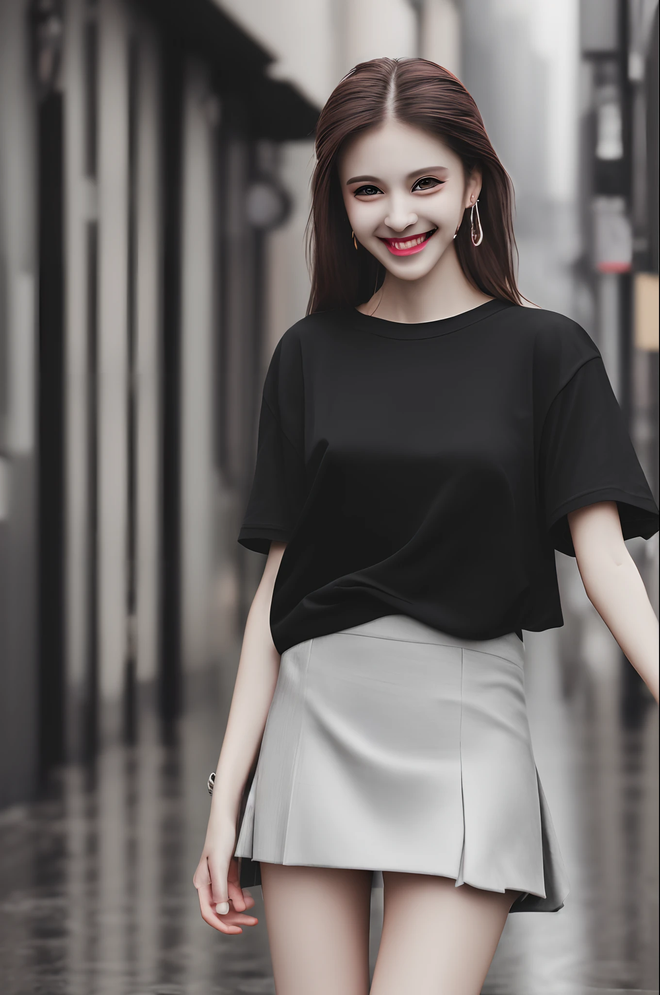 ultra resolution, (photorealistic:1.3), (1 skinny girl), elegant girl, fashion, young face, blush, (evil smile), thigh (thin), cap, earrings, (black t-shirt), (skirt), Engraving rainy city street