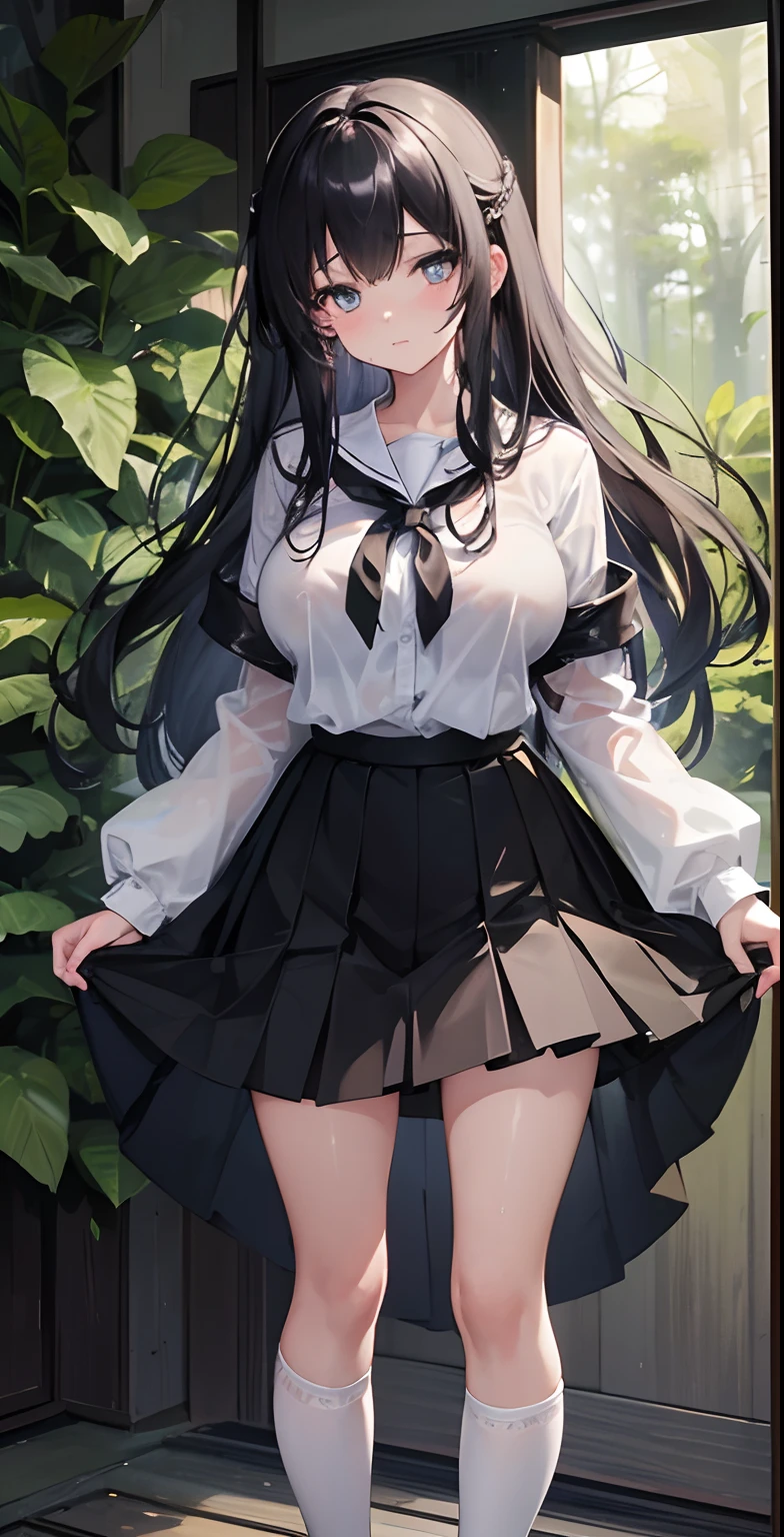 1Female,25 years old,big breasts,Pornographic exposure,solo,(Background with:ln the forest,the rainforest,in summer) with her long black hair,standing up,sweating profusely,soaked all over her body,seen from the front, Curly,mostly cloudy sky,(((tmasterpiece),(Very detailed CG unit 8k wallpaper),best quality,kinematic lighting,detailed background,beautiful detailed eyes,bright pupils,(Very thin and beautiful),(Beautiful eye description and detailed, Japanese high school girl(Wearing:white shirt,black tie,JK skirt,tights)nude,high heels