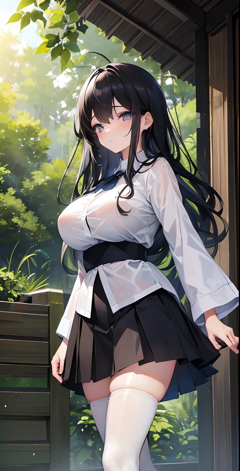 1Female，25 years old，big breasts，Pornographic exposure，solo，（Background with：ln the forest，the rainforest，in summer） with her long black hair，standing up，sweating profusely，soaked all over her body，seen from the front， Curly，mostly cloudy sky，（（（tmasterpiece），（Very detailed CG unit 8k wallpaper），best quality，kinematic lighting，detailed background，beautiful detailed eyes，bright pupils，（Very thin and beautiful），（Beautiful eye description and detailed, Japanese high school girl（Wearing：white shirt，black tie，JK skirt，tights）nude，high heels