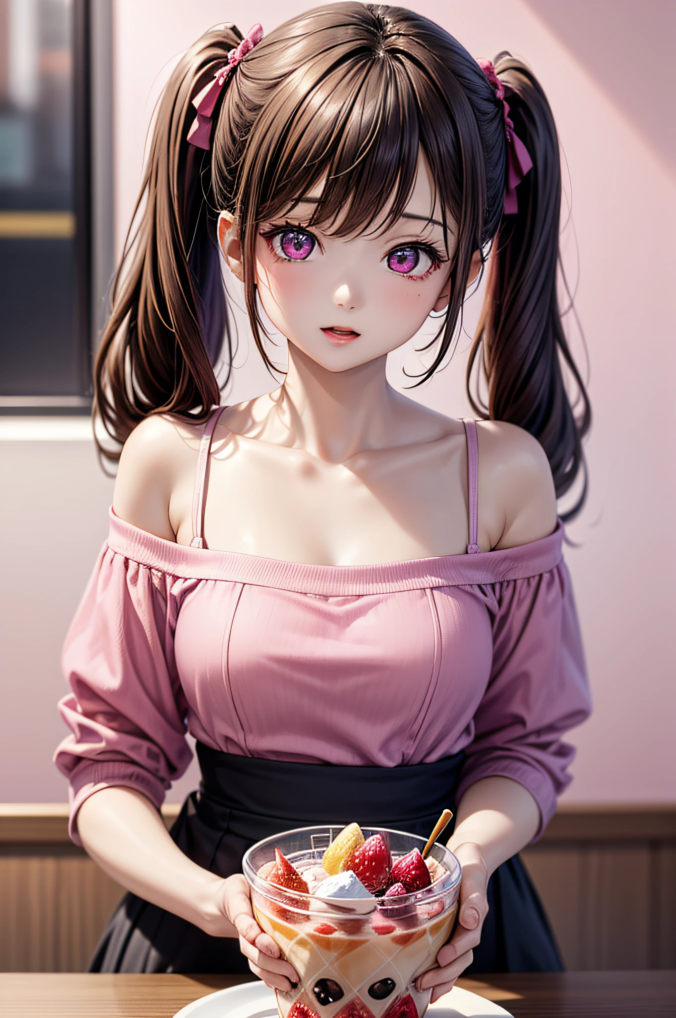 ((1girl in)), ((Best Quality)), (Ultra-detailed), (extremely detailed CG unified 8k wallpaper), Highly detailed, High-definition raw color photos, Professional Photography, (Twintails), Brown hair, Amazing face and eyes, Pink eyes, (amazingly beautiful girl), off shoulder, pink background, ((stylish cafe)), ((fruit parfait)),