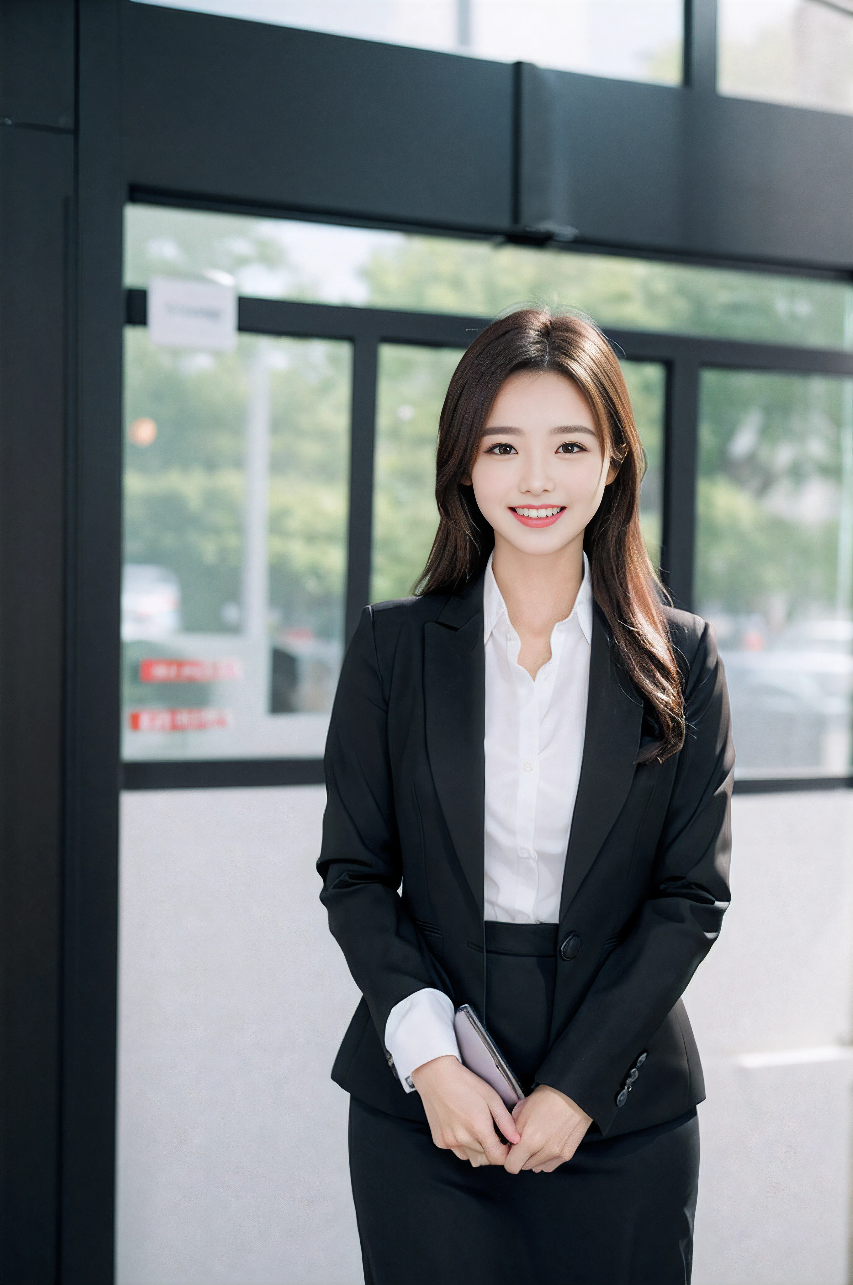 Wagas、Calling on your smartphone、Beautiful woman、business sui、Black jacket、White button shirt、tight skirts、a picture、A detailed face、Detailed lips、A detailed eye、a smile