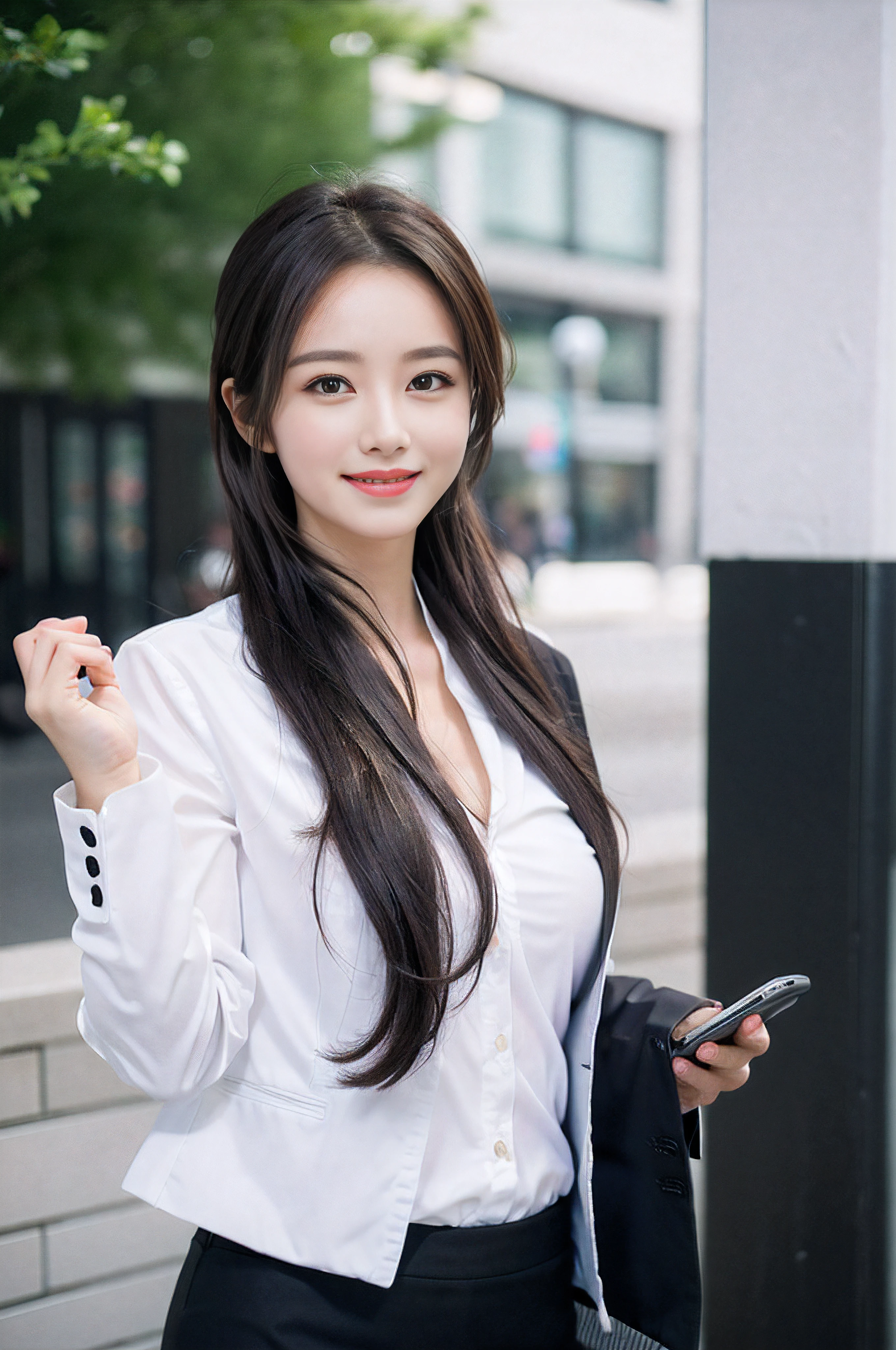 Wagas、Calling on your smartphone、Beautiful woman、business sui、Black jacket、White button shirt、tight skirts、a picture、A detailed face、Detailed lips、A detailed eye、a smile