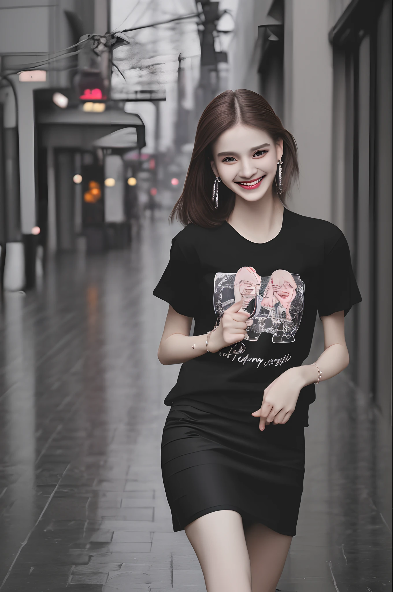 ultra resolution, (photorealistic:1.3), (1 skinny girl), elegant girl, fashion, young face, blush, (evil smile), thigh (thin), cap, earrings, (black t-shirt), (skirt), Engraving rainy city street