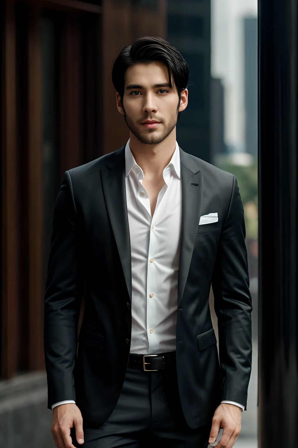 male charter wear blazer,full body view,muscle at kuala lumpur city, front focus on camera,  short beard, black hair ((pale skin)), ((pearl skin)), (((full body))), olsen01, ((look camera)), portrait of ((stunningly attractive)) a man ((perfect male face)), intricate, 8k, highly detailed, (extremely detailed CG unity 8k wallpaper), ((square jaw)), (well defined jaw), (downturned lips), (detailed anatomy),