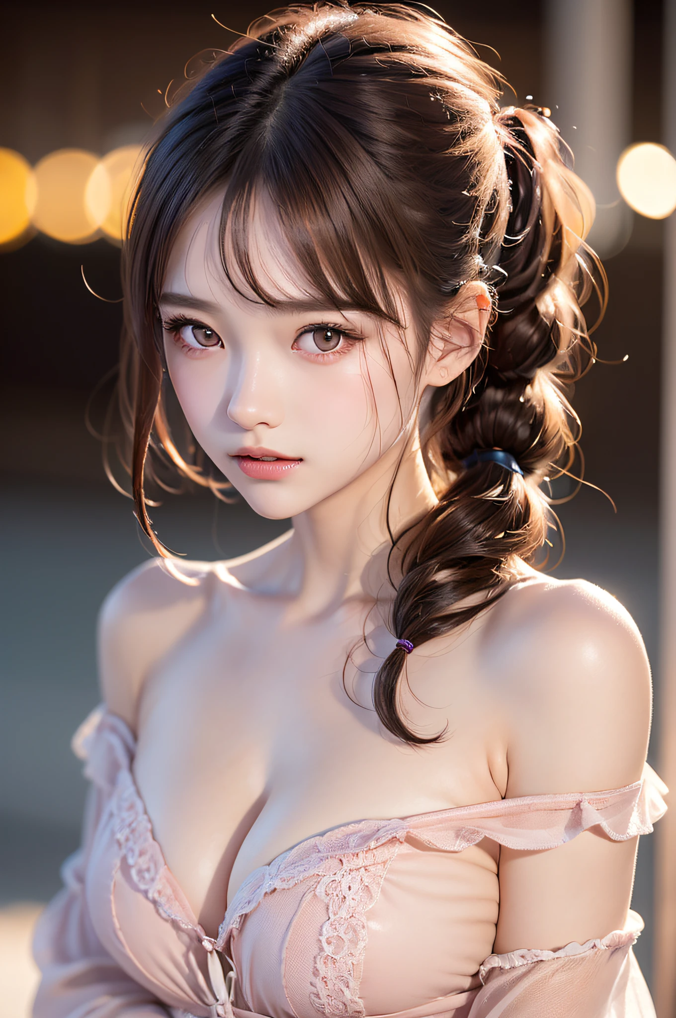 ((1girl in)), (Twintails), Brown hair, Amazing face and eyes, Pink eyes, (amazingly beautiful girl), Brown hair, off shoulder, ((Best Quality)), (Ultra-detailed), (extremely detailed CG unified 8k wallpaper), Highly detailed, High-definition raw color photos, Professional Photography, (((Bokeh))), depth of fields, Beach, Twilight, Sunset