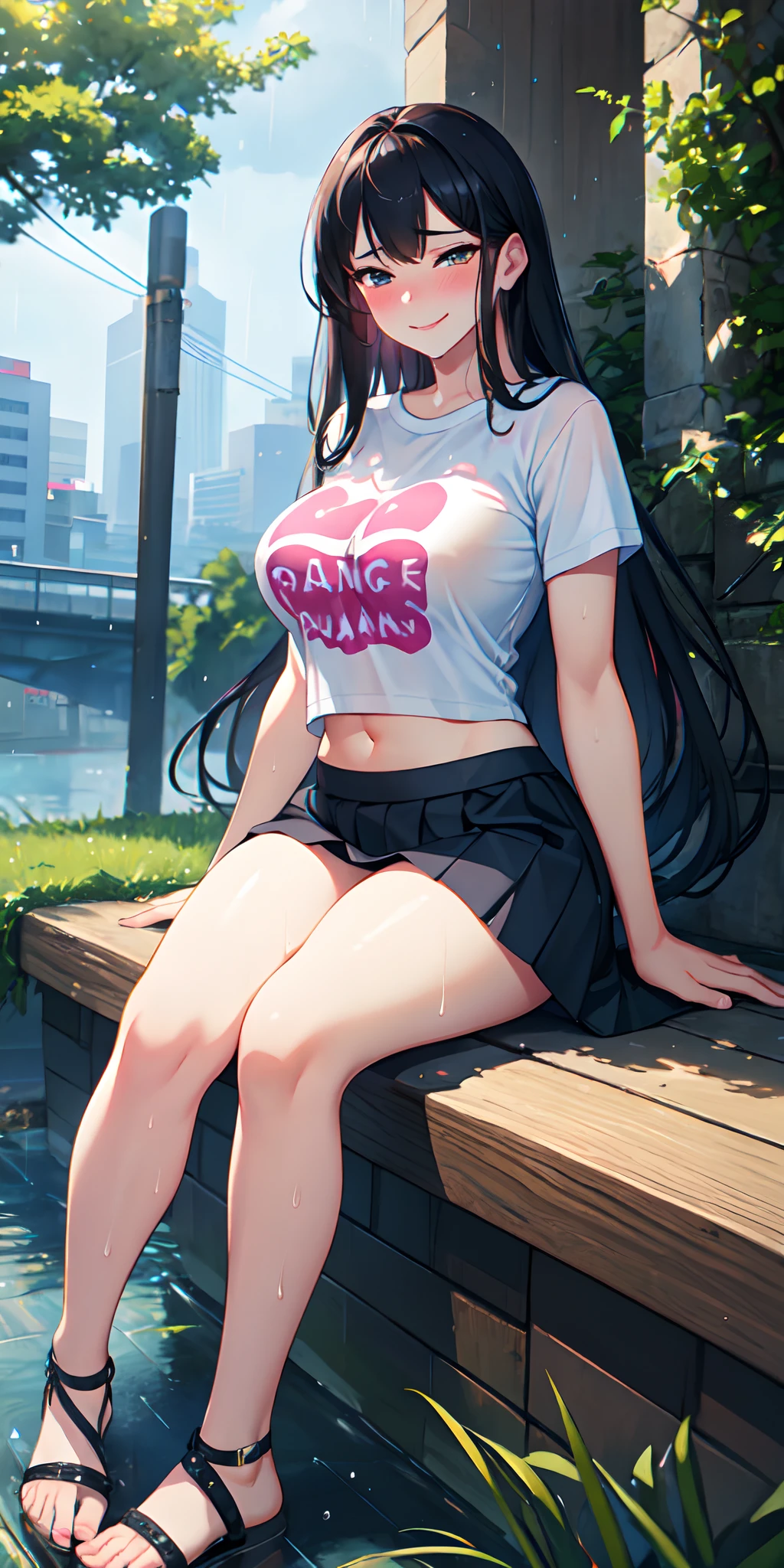 best quality, masterpiece, illustration, (realistic, photo-realistic:1.37), amazing, finely detail, incredibly absurdres, huge filesize, ultra-detailed, highres, extremely detailed CG unity 8k wallpaper, ray tracing, nsfw, nude, covered nipples, very huge breasts 1girl, A beautiful young woman with Korean-style facial features resembling a popular actress stands in front of a cherry blossom tree. She is wearing a cropped white shirt that reveals her midriff. The shirt is skin-tight and hugs her curves. She is also wearing a white bodystocking high yoga tight yoga pants that covers her legs and feet. The bodystocking is also skin-tight .