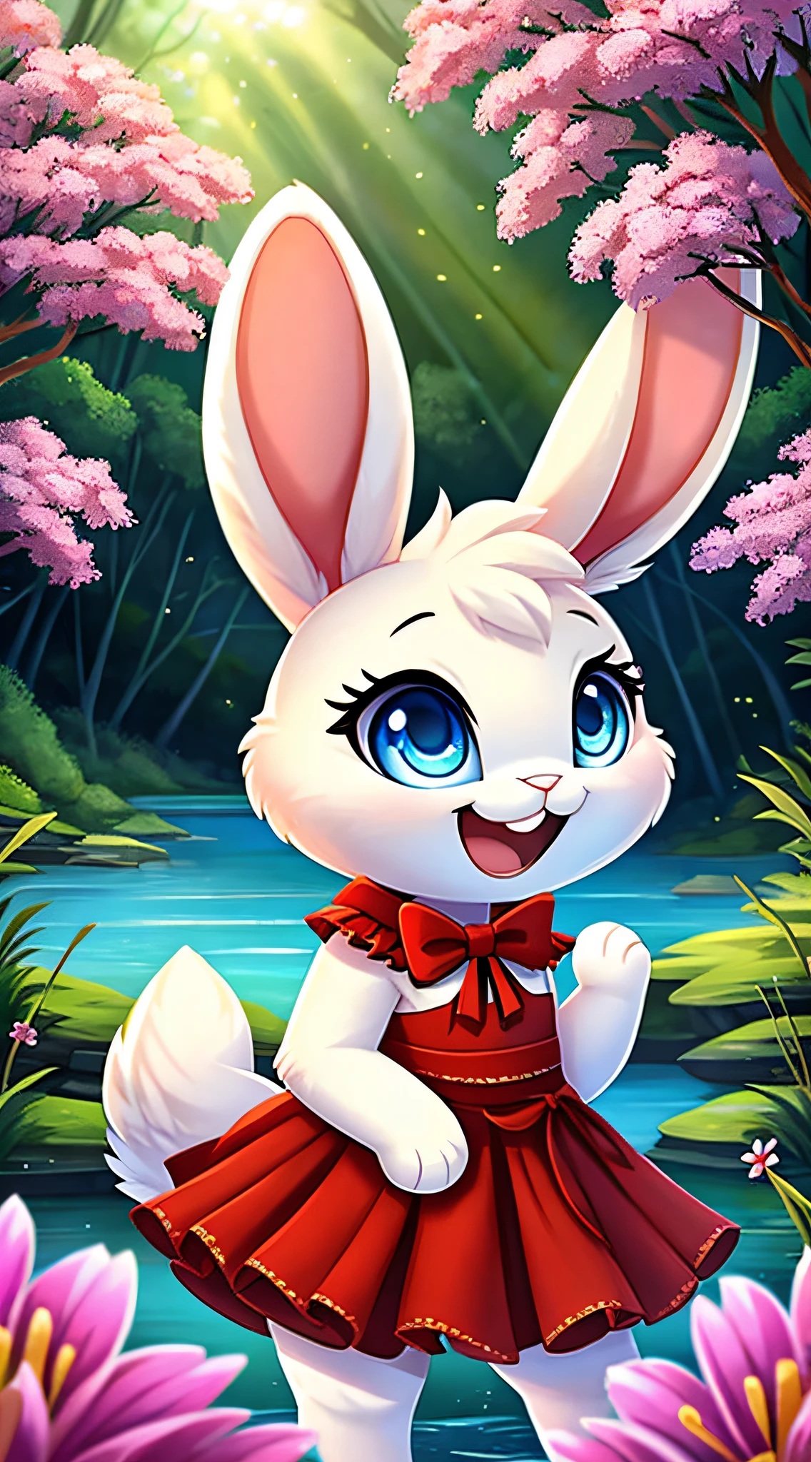 zoomed out image, fantasy style art, cute, adorable, short character, small, tiny little fluffy female white bunny with blue eyes, 4 ears, 2 extra ears, big floppy ears, long ears, ears perked up, raised ears, long eyelashes, poofy rabbit tail, wearing a red frilly ribbon dress, smiling, standing in a forest, on the shore of a lagoon, big expressive smile, open mouth, wide eyes, excited eyes, excited face, stunning visuals, flowers scattered in the bushes, digital illustration