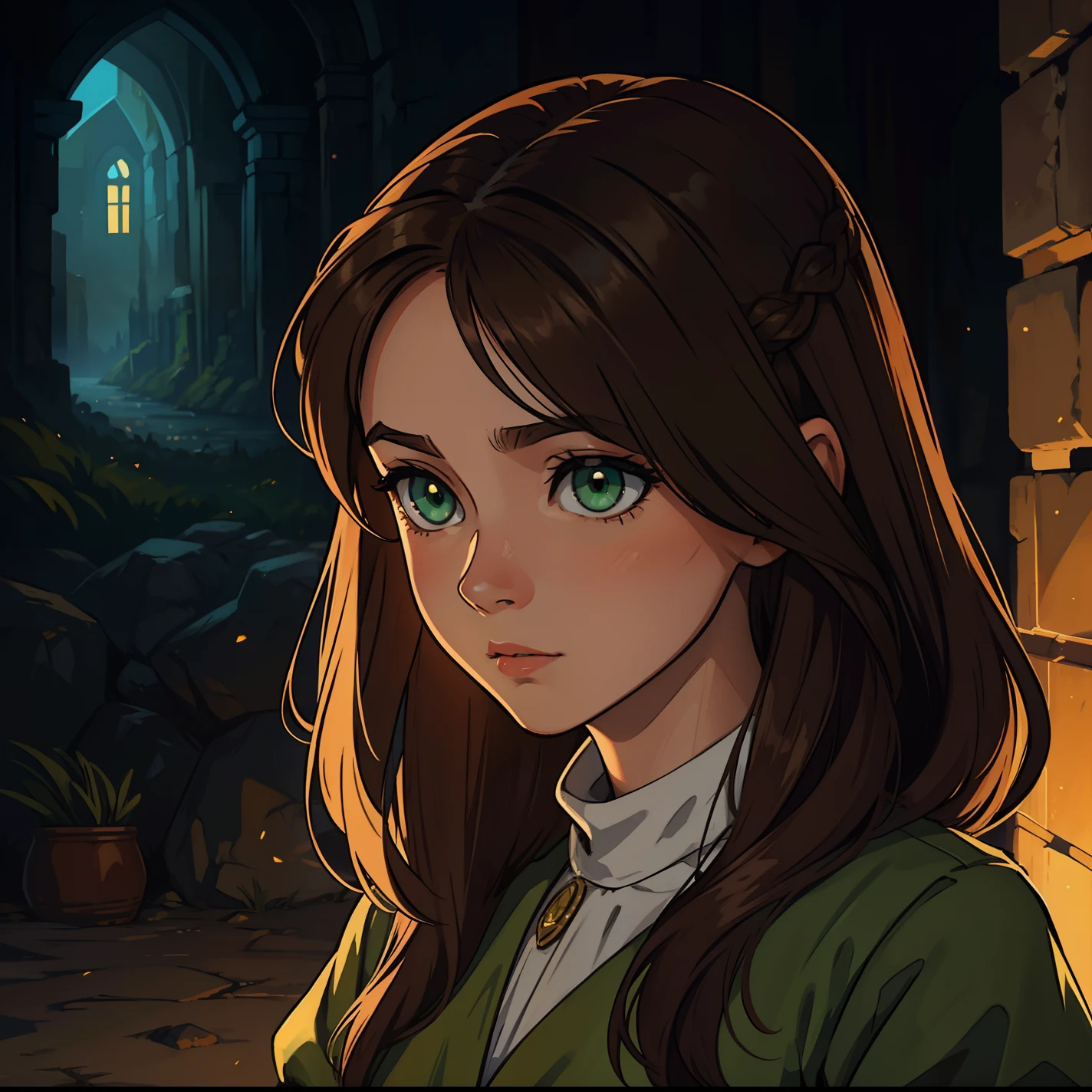 A portrait of a child An elegant princess with green eyes and brown hair, um NPC para um RPG medieval usando trajes medievais em uma arte de RPG de arte medieval, An art of approximate detail low lighting, fundo escuro, almost zero lighting. Lua iluminando ao fundo, de noite, vagalume, atmofesra escura, luz do luar. ((cabelo marron))