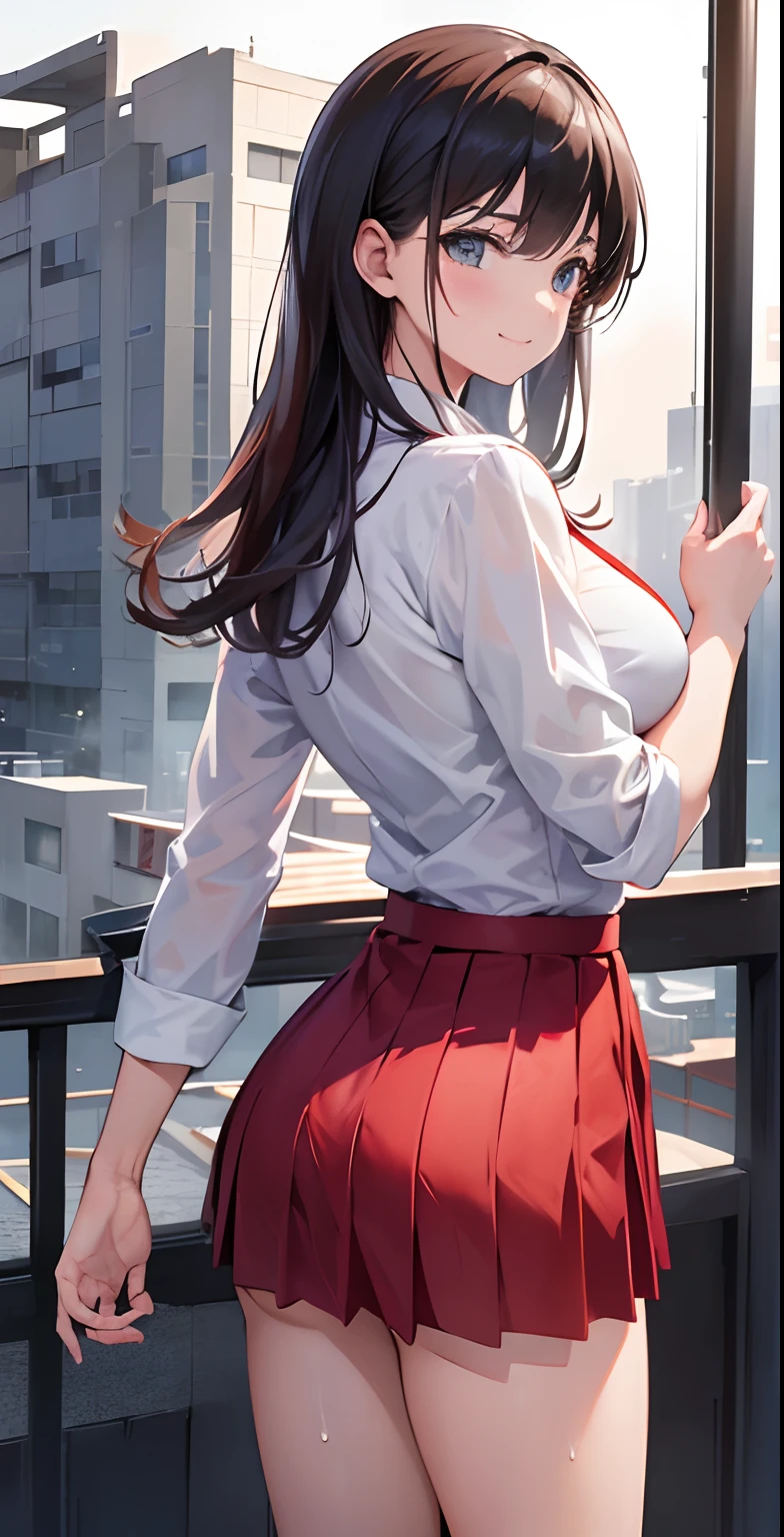 (various compositions, eccentric pose), looking away, (eyes realistic sizing, realistic skin, round face), long hair, small breasts, shirt, skirt, underwear, ((touching her breasts with her hand)), sweat, downtown area,