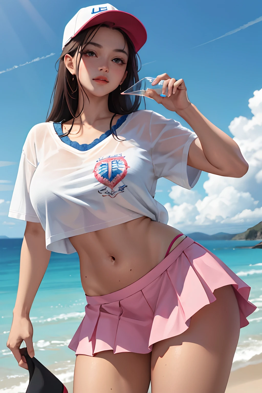 Huge boobs, Pink thong,(masterpiece) , ((best quality)), (( 8k wallpaper)), ((ultra high resolution)), good composition, (ultra-detailed), illustration, beautiful art, artistic, realistic, beautiful, good art, scenery, cinematic, detailed skin, (oily skin), glossy skin, fine skin, (beautiful hair), (beautiful eyes), (perfect anatomy), (correct limb), (realistic), hand with five delicate fingers, a , Midsummer, summer clothes, a woman holds a drink and points to the sky while holding a cap, 1girl, hat, solo, skirt, outdoors, baseball cap, realistic, shirt, cloud