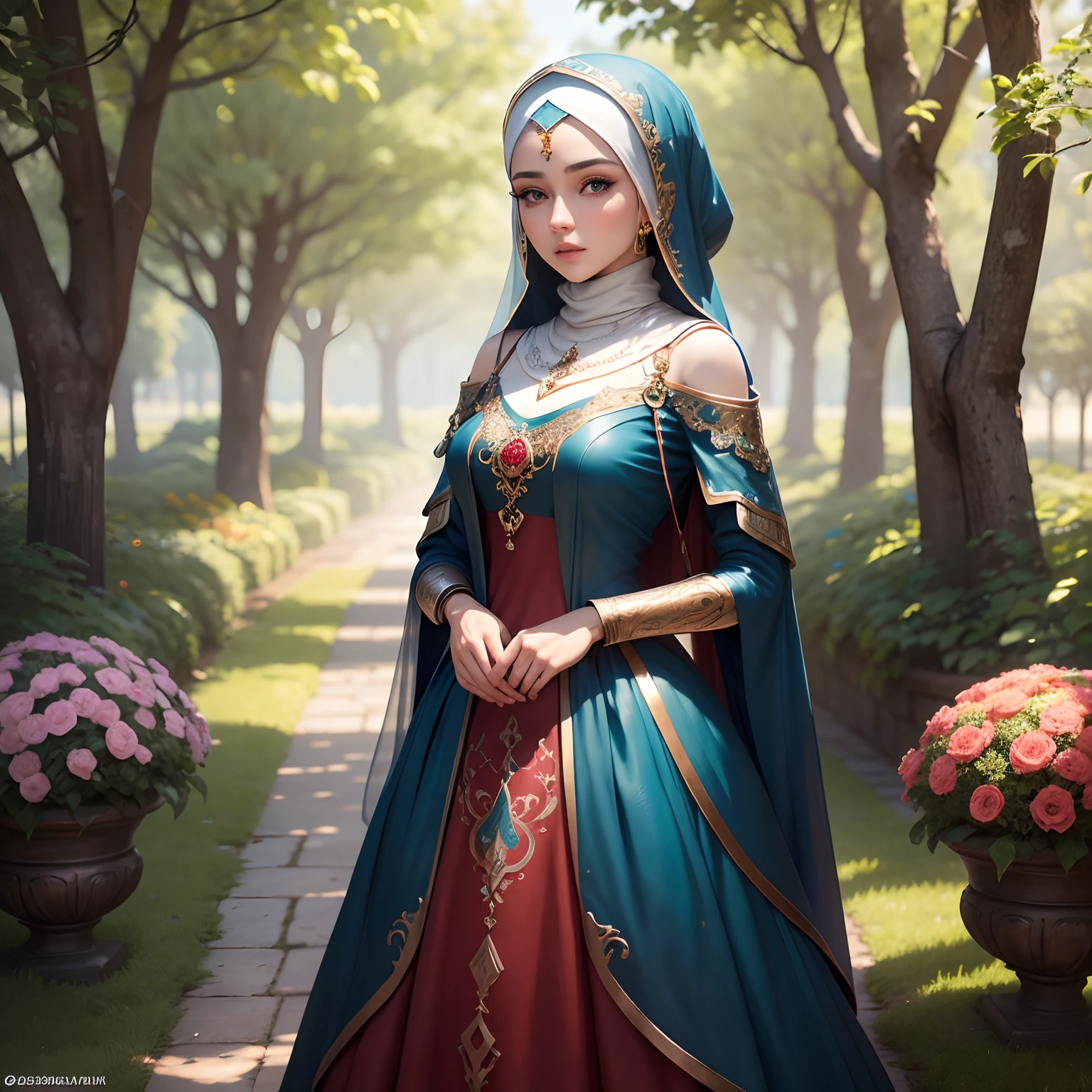 Design a captivating digital artwork where a Malay girl in hijab becomes a guardian of a mystical forest, with magical creatures and ethereal landscapes, as she embarks on a quest to protect the realm