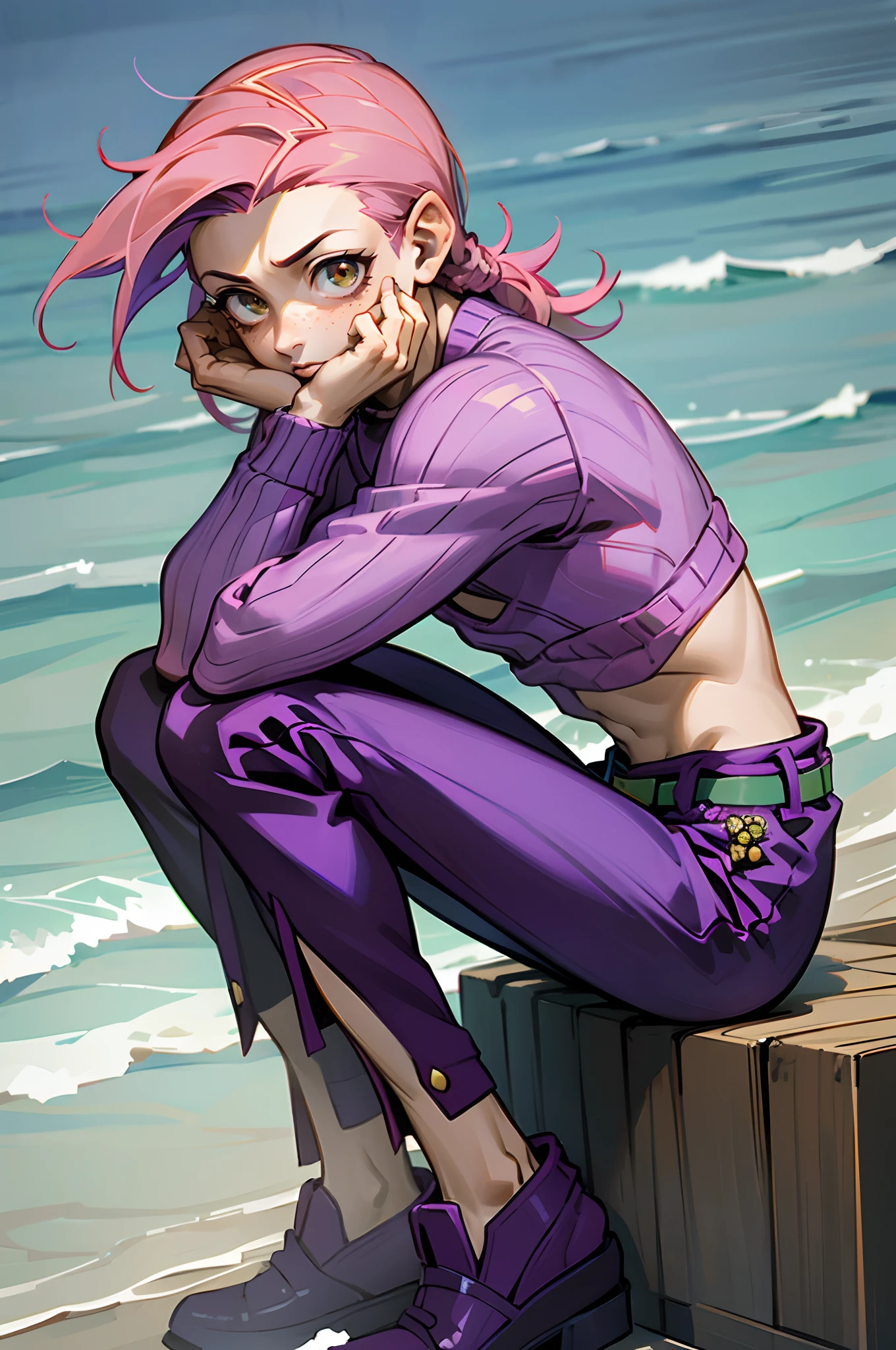 vinegar doppio, doppio, pink hair, purple sweater, purple pants, purple shoes, freckles, green belt, 1boy, male focus, solo, brown eyes, cowboy shot, boy, ocean, beach, sitting
