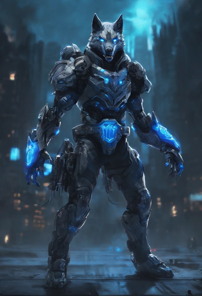 top-quality, Dramatic Writing,Blue glowing eyeballs, menacing pose, fierce look, epic atmosphere, (((Helmet in the shape of a wolf's head))), (((Full body shot))),Metal Wolf, cyborgs, Cyberpunk style, Clockwork, ((Intricate details)), nffsw, ((Intricate details, hyperdetails)), incandescent lamps, cinematic shot, Vignette, bokeh effect beckground, (respect), (Full body shot).