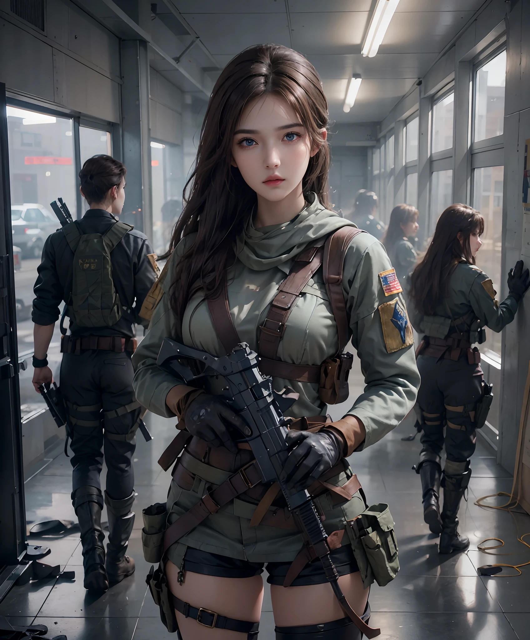 photorealistic, high resolution, 1 women, solo, hips up, look at viewer, (detailed face), brown hair, long hair, innocent blue eyes, super detailed face, 8k ultra detailed, soldier girl, weapon